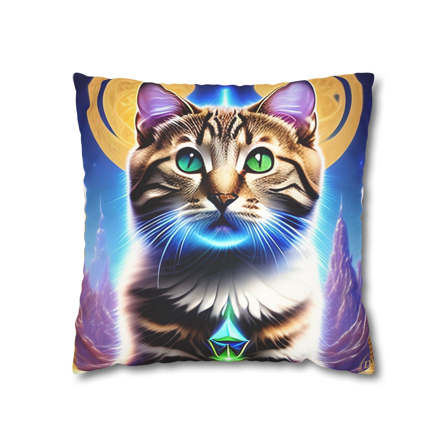 Divine Arts Faux Suede Double-Sided Square Pillow Case in Four Sizes - Fantasy Galaxy Space Cat Lover Male Brown Tabby Cat with Green Eyes Green Merkaba & Golden Aura Plates in Moutains