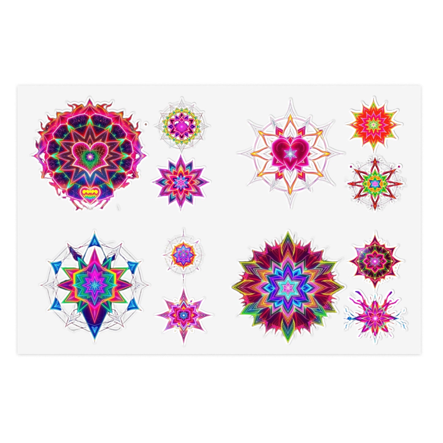 Kaleidoscope Starburst Sticker Sheet — Colorful Galaxy Art, White Transparent Holographic Die Cut Merkaba Decals by Divine Arts