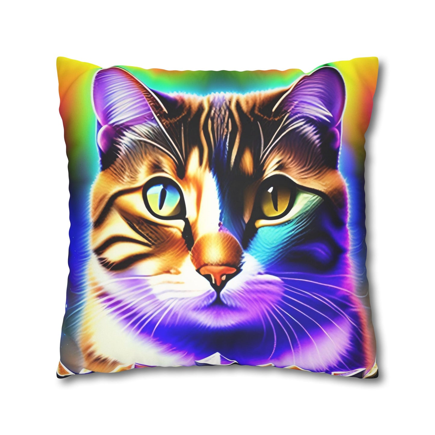 Divine Arts Faux Suede Double-Sided Square Pillow Case - Fantasy Galaxy Space Cat Lover Brown Tabby Cat with Heterochromia Meditating in Rainbow Trance Colors Pillow Cover in Four Sizes