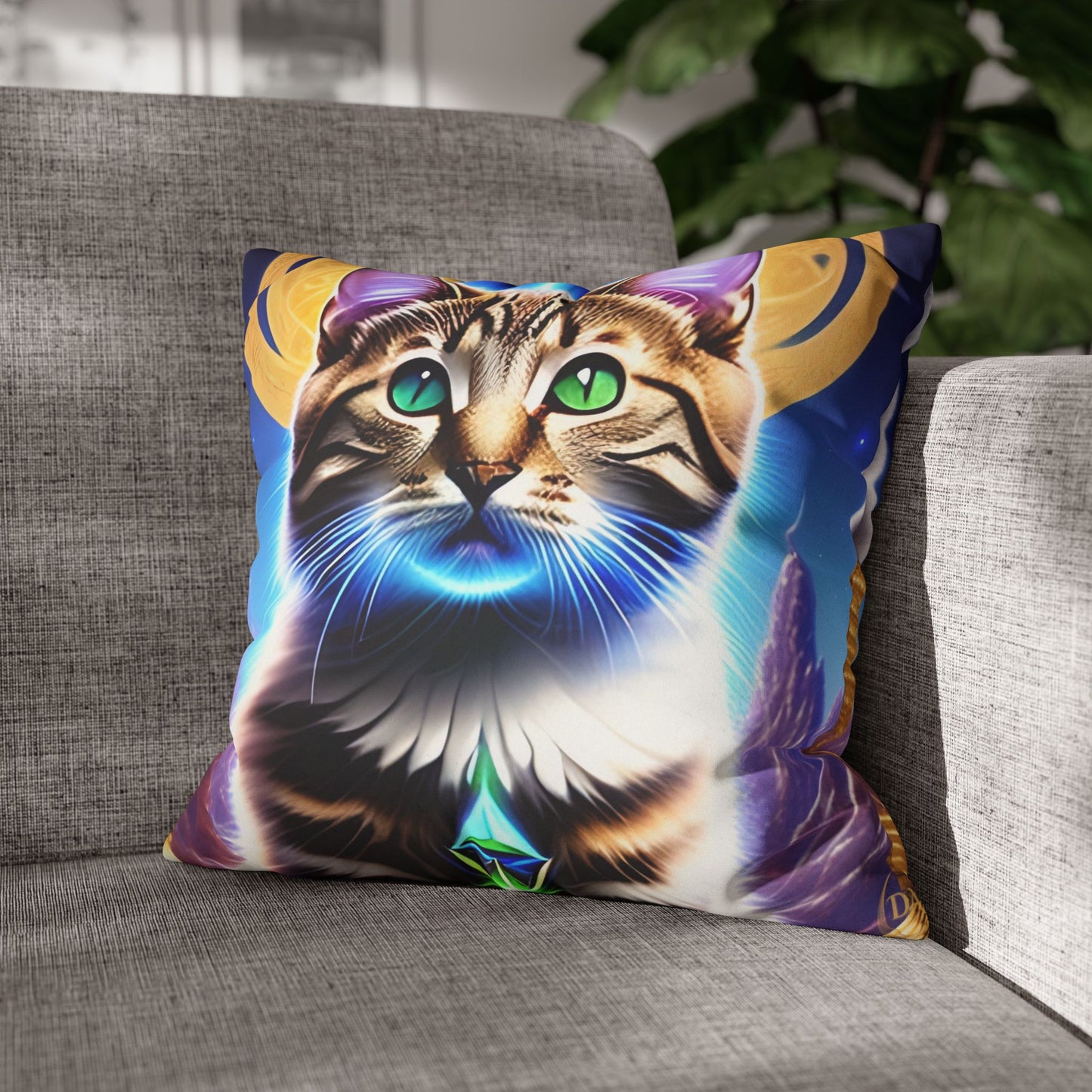 Divine Arts Faux Suede Double-Sided Square Pillow Case in Four Sizes - Fantasy Galaxy Space Cat Lover Male Brown Tabby Cat with Green Eyes Green Merkaba & Golden Aura Plates in Moutains