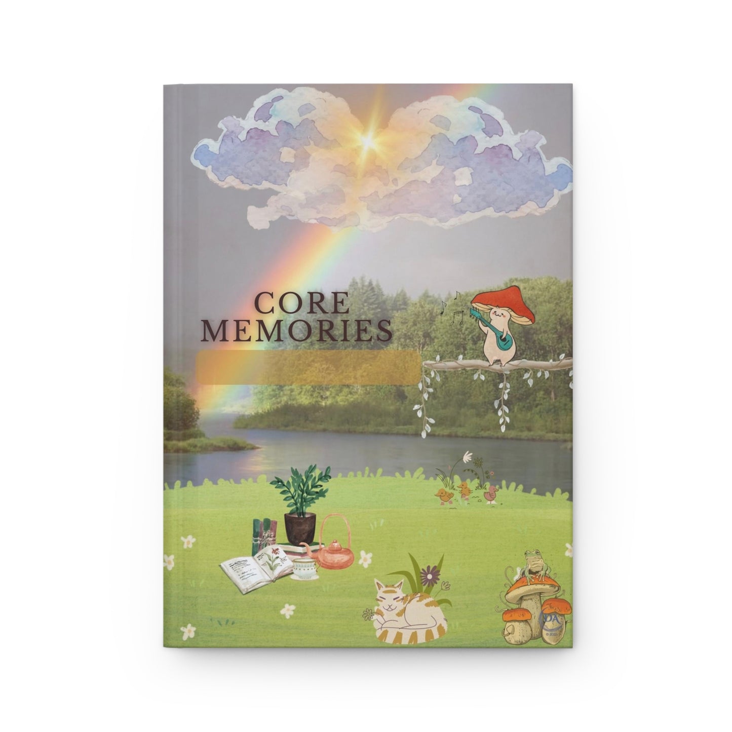 Core Memories Hardcover Journal — Whimsical Nature Scene with Orange Tabby Cat, Singing Mushroom and Rainbow Picnic Scene by Divine Arts