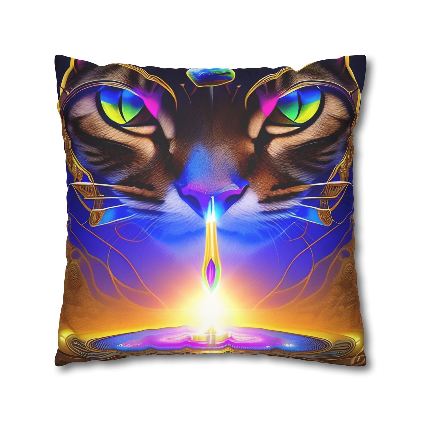 Divine Arts Faux Suede Double-Sided Art Square Pillow Case in Four Sizes - Fantasy Galaxy Space Cat Lover Male Brown Tabby Cat with Ornate Golden Face Armor and Magenta Crystal Wielding the Merkaba Pillow Cover