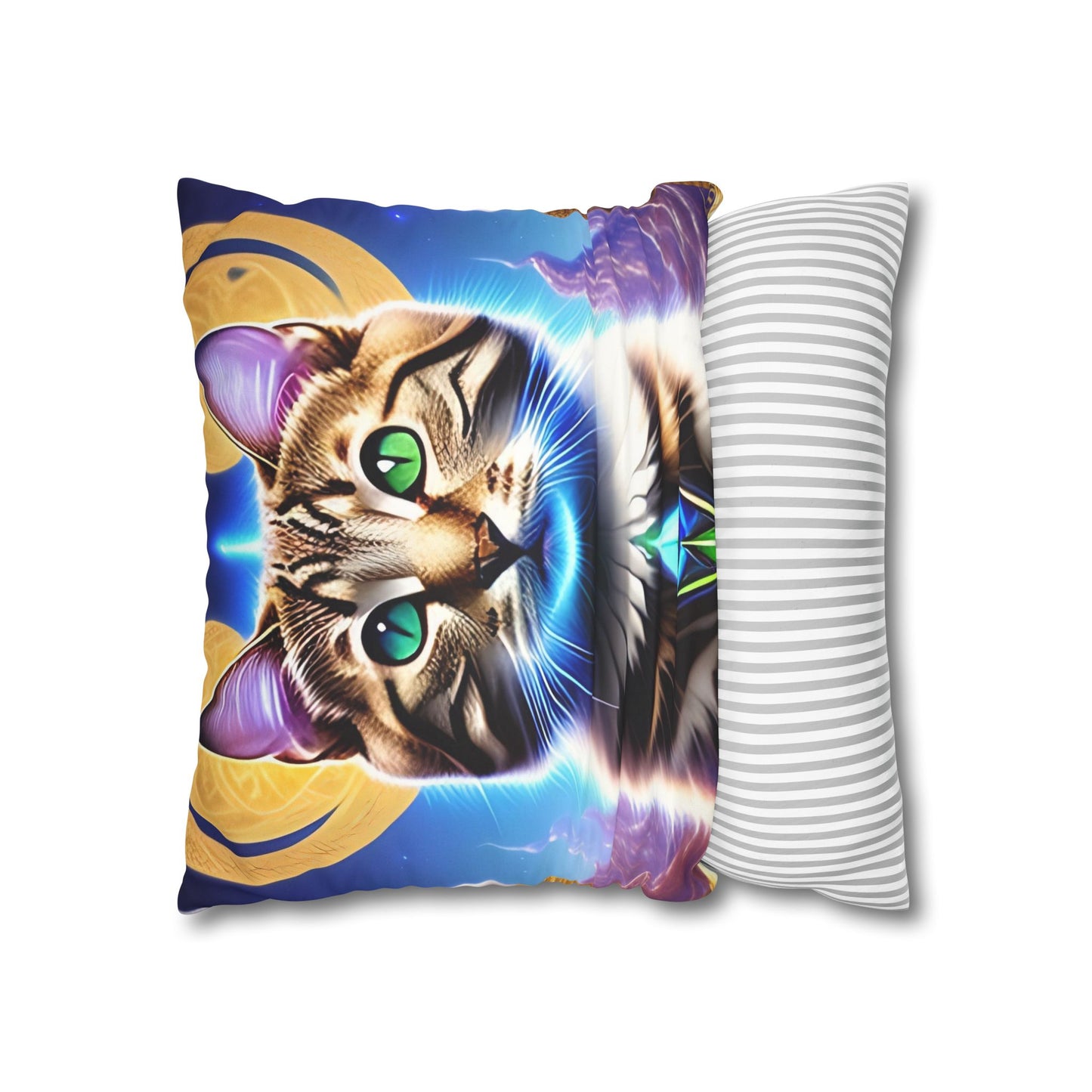 Divine Arts Faux Suede Double-Sided Square Pillow Case in Four Sizes - Fantasy Galaxy Space Cat Lover Male Brown Tabby Cat with Green Eyes Green Merkaba & Golden Aura Plates in Moutains
