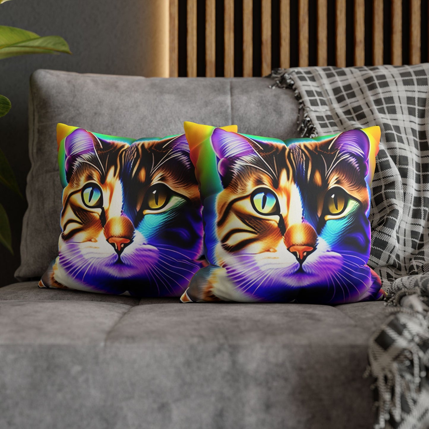 Divine Arts Faux Suede Double-Sided Square Pillow Case - Fantasy Galaxy Space Cat Lover Brown Tabby Cat with Heterochromia Meditating in Rainbow Trance Colors Pillow Cover in Four Sizes