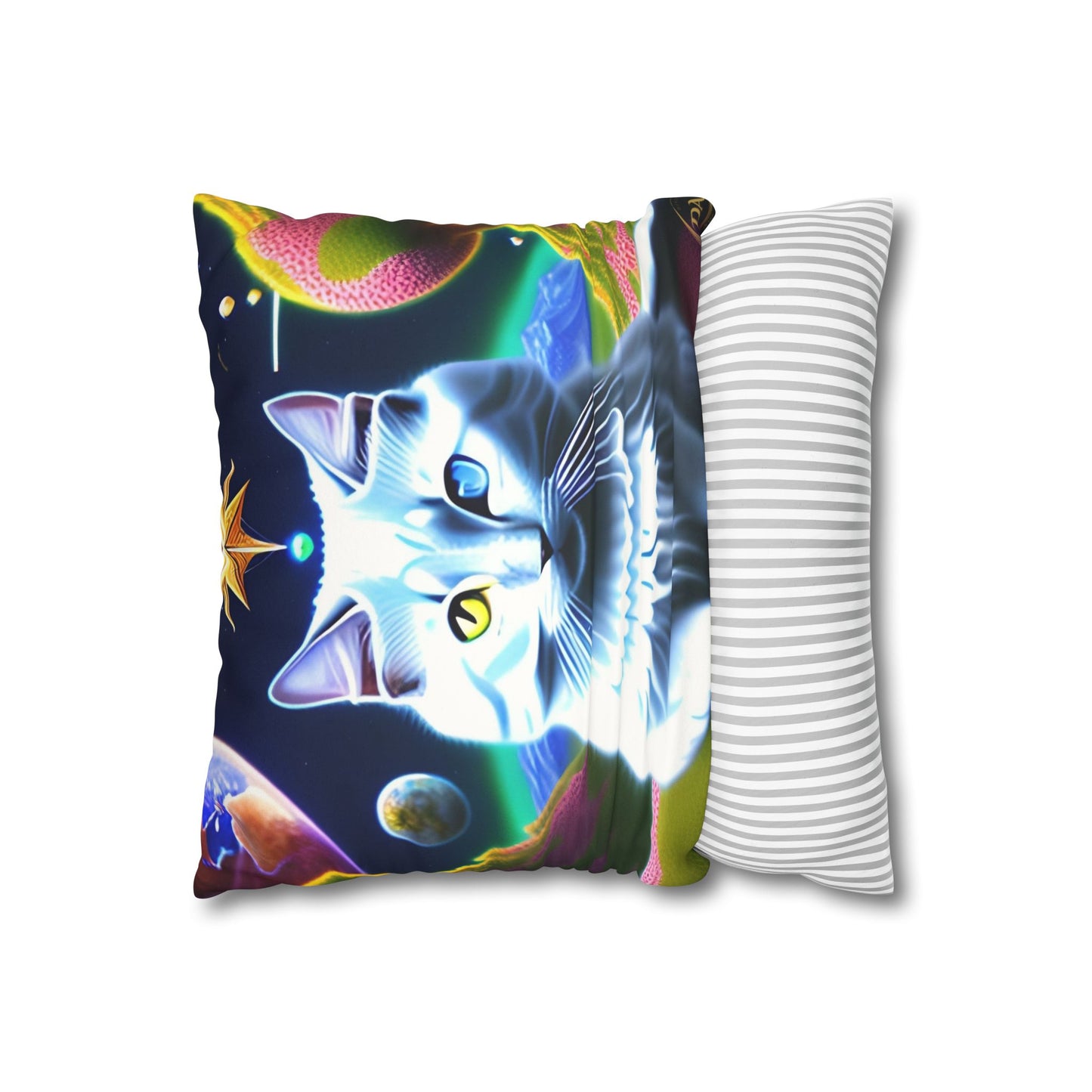 Divine Arts Faux Suede Double-Sided Square Pillow Case in Four Sizes - Fantasy Galaxy Space Cat Lover Portrait of White Female Cat With Yellow & Blie Heterochromia Eyes In Space Amidssr Blue & Pink Cosmic Swirls Meditating in Trance On A Golden Merkaba