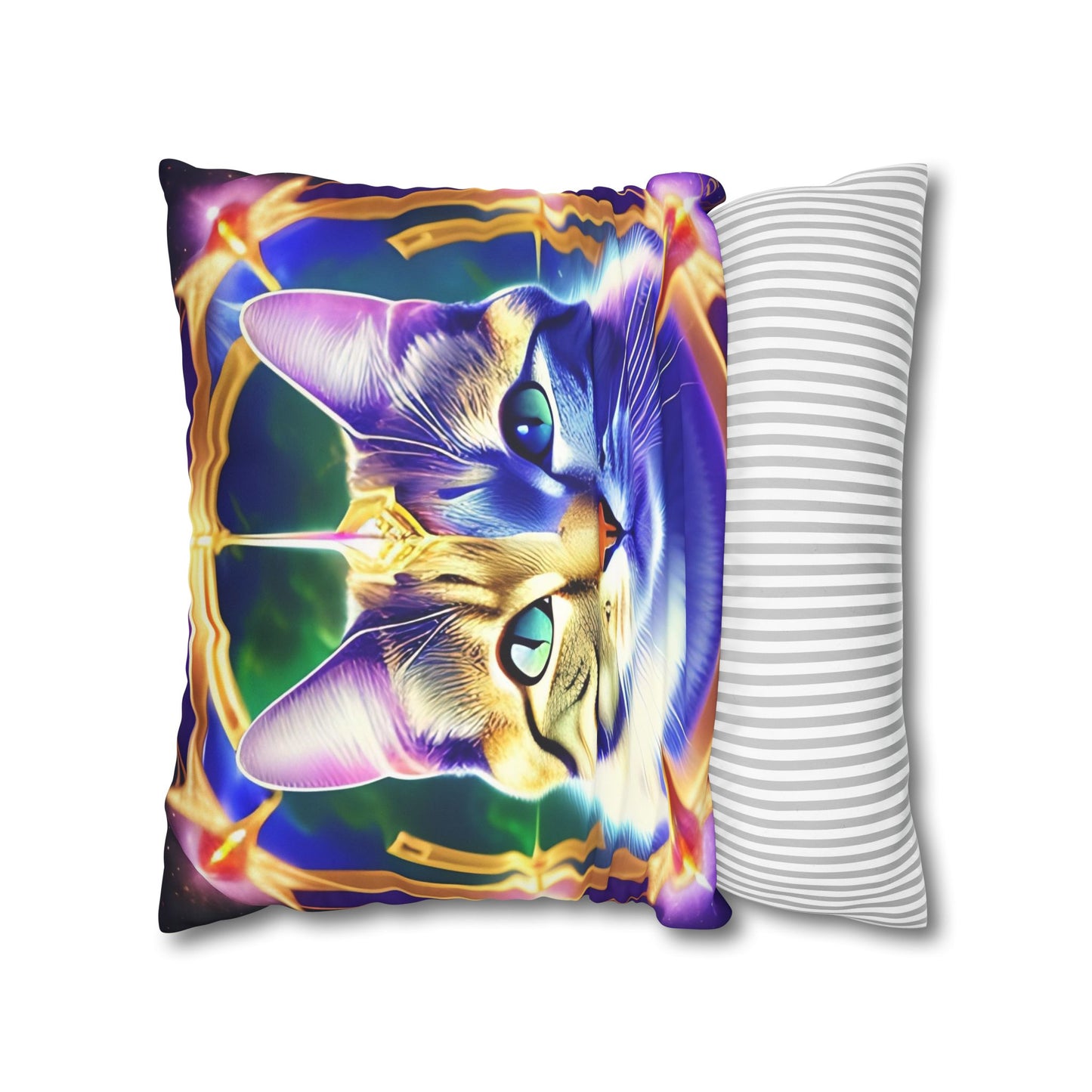 Divine Arts Faux Suede Double-Sided Square Pillow Case - Fantasy Galaxy Space Cat Lover Male Gray & Brown Tabby Cat with Green Eyes with Blue, Green & Orange Aura and Ornate Light Blue and Purple Crystal Collar Merkaba Pillow Cover in Four Sizes
