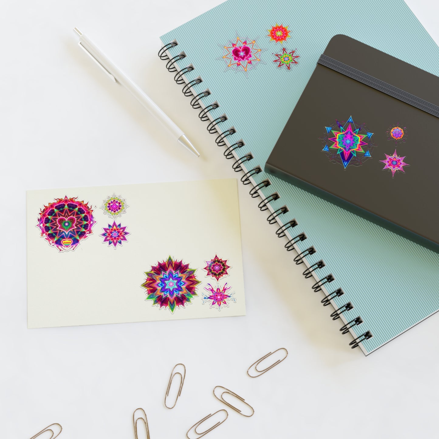 Kaleidoscope Starburst Sticker Sheet — Colorful Galaxy Art, White Transparent Holographic Die Cut Merkaba Decals by Divine Arts