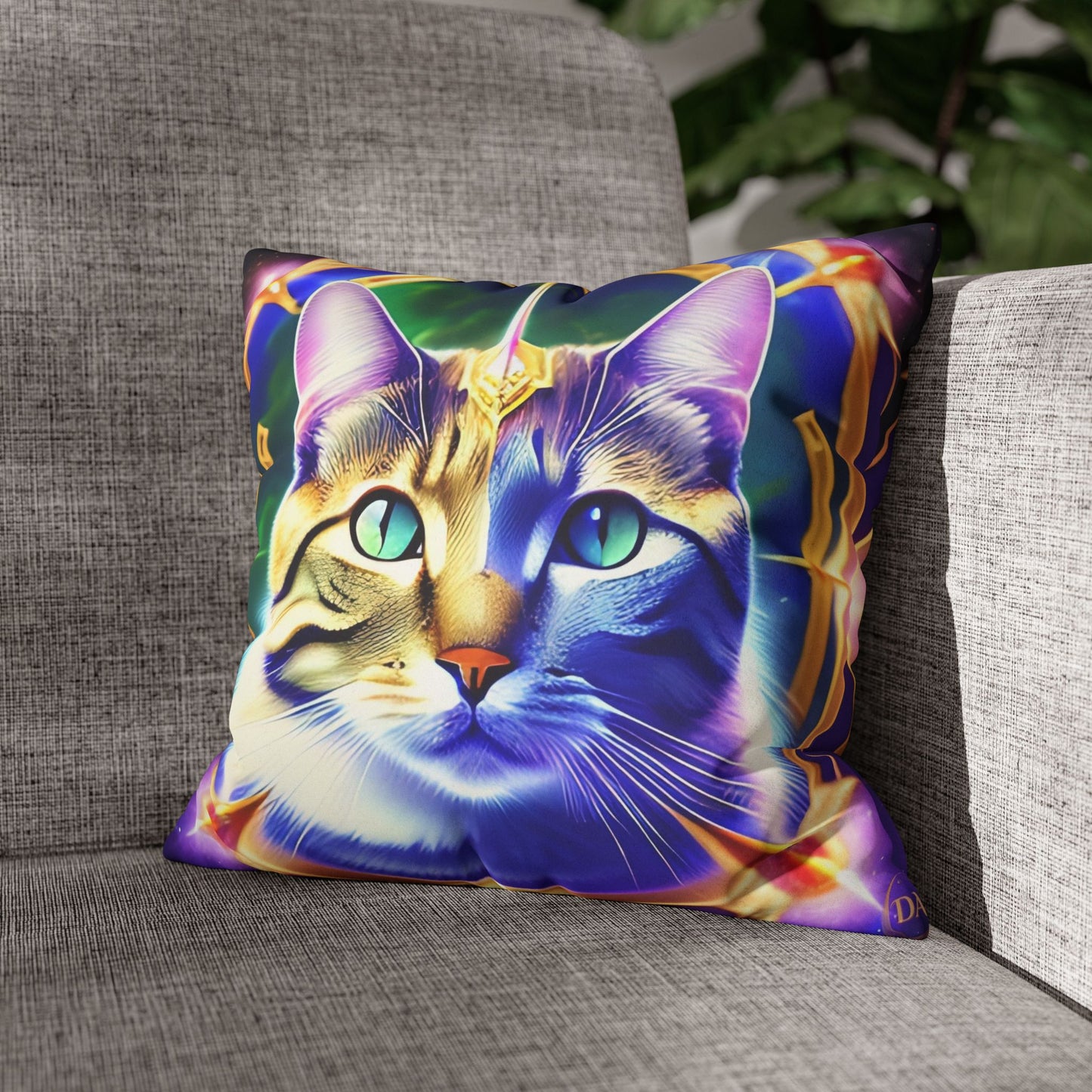 Divine Arts Faux Suede Double-Sided Square Pillow Case - Fantasy Galaxy Space Cat Lover Male Gray & Brown Tabby Cat with Green Eyes with Blue, Green & Orange Aura and Ornate Light Blue and Purple Crystal Collar Merkaba Pillow Cover in Four Sizes