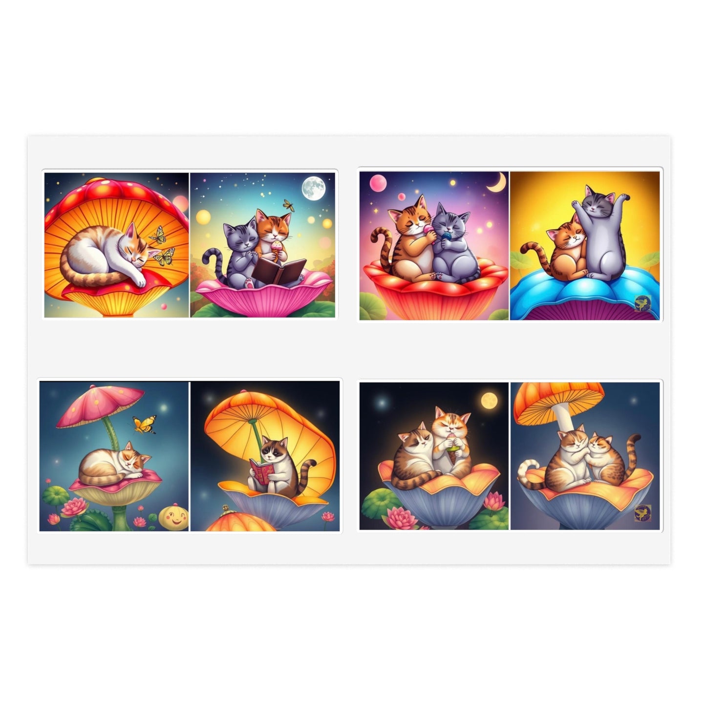Whimsical Cat Night & Day Mushroom Lotus, Nature Bookworm Sticker Sheets (6x4) – Cute Floral Shell Mushroom Umbrella Cap Kittens by Divine Arts
