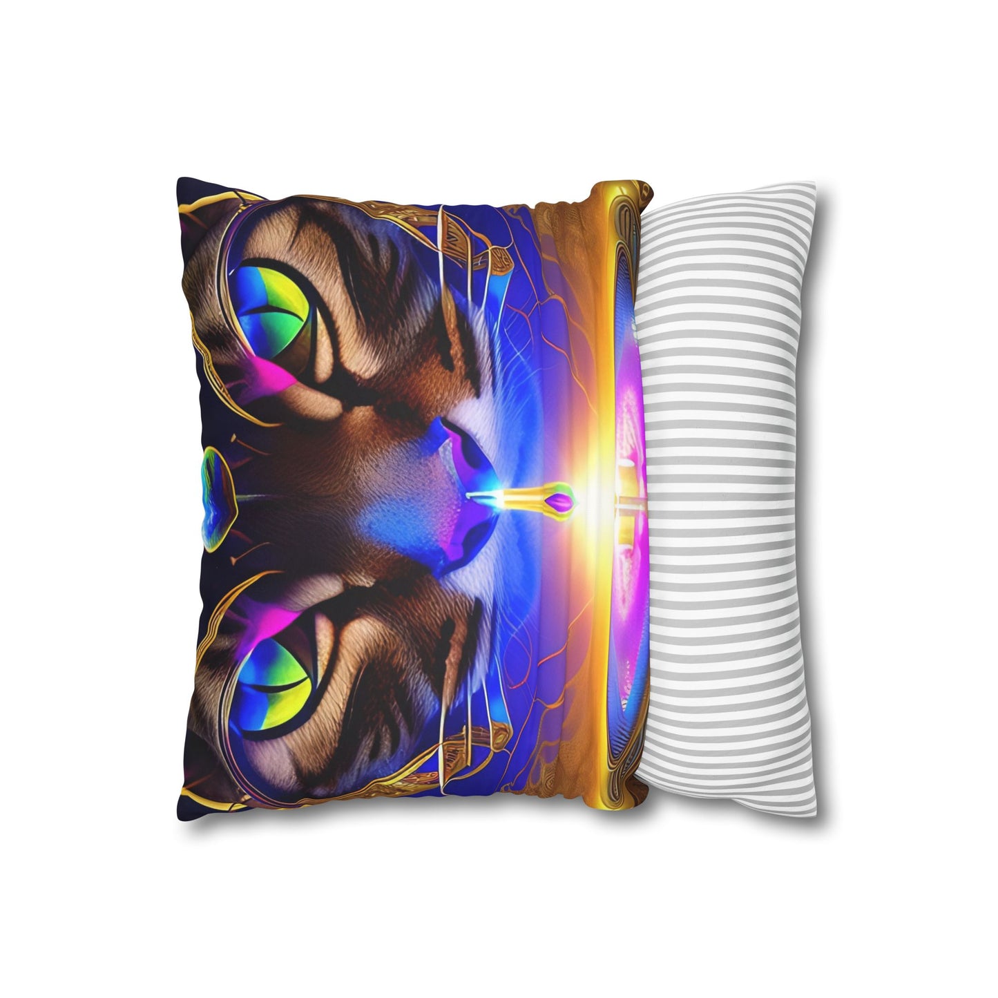 Divine Arts Faux Suede Double-Sided Art Square Pillow Case in Four Sizes - Fantasy Galaxy Space Cat Lover Male Brown Tabby Cat with Ornate Golden Face Armor and Magenta Crystal Wielding the Merkaba Pillow Cover