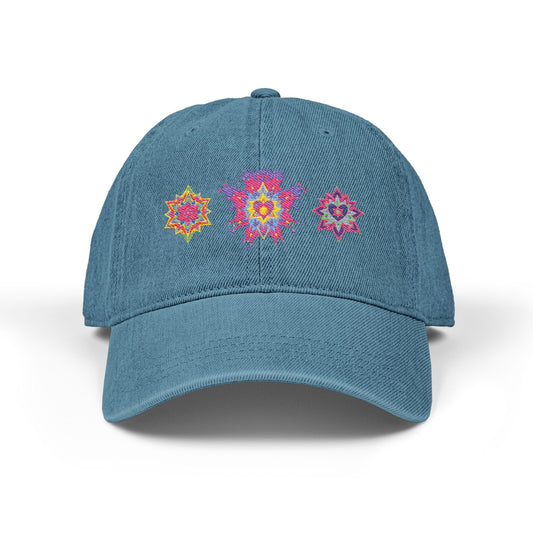 Denim Cap (Embroidery), 100% Cotton, Three Unique Embroidery Merkabas, Neon Galaxy Starry Light, Lotus Jewel Design by Divine Arts