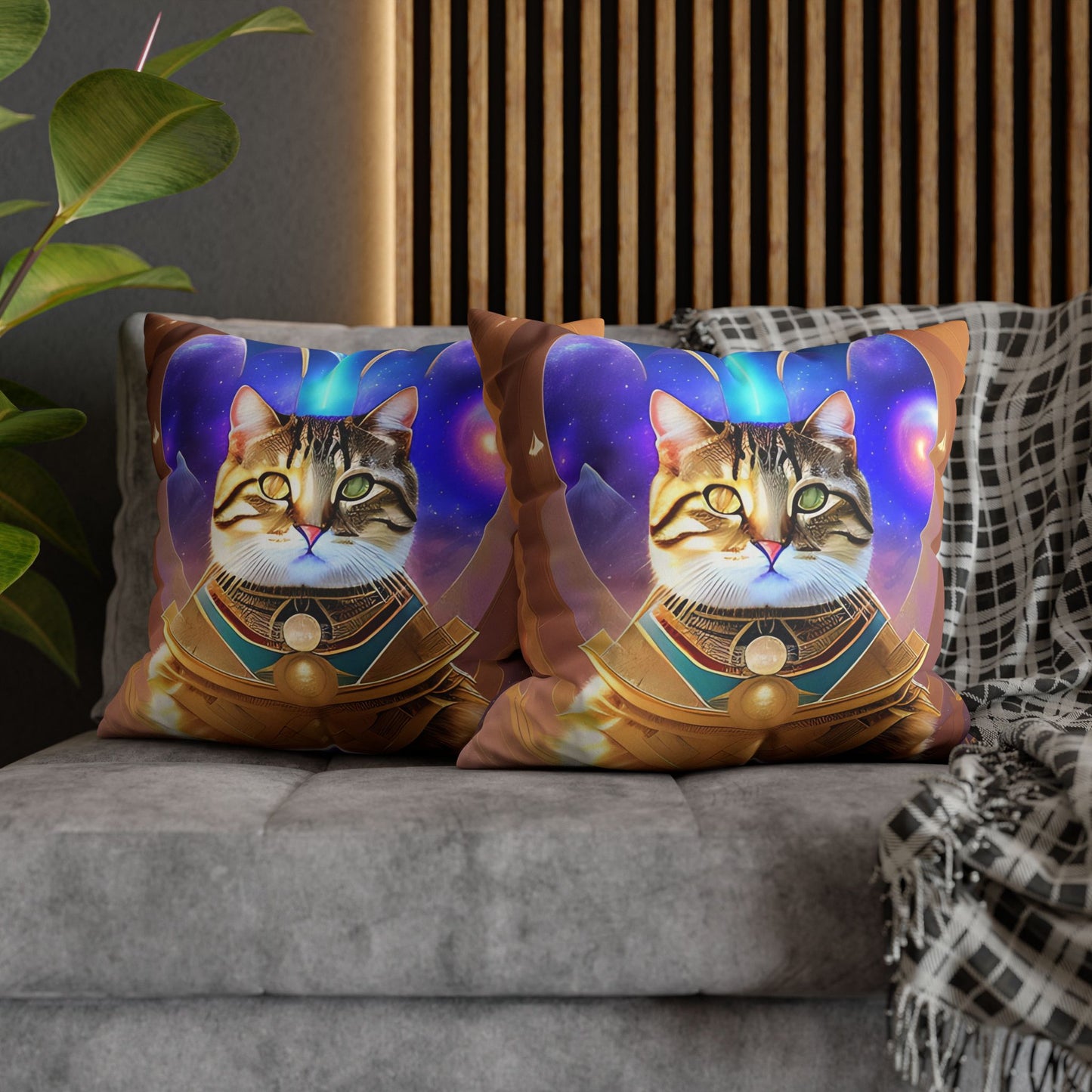 Divine Arts Faux Suede Double-Sided Square Pillow Case in Four Sizes - Fantasy Galaxy Space Cat Lover Male Brown Tabby Cat with Heterochromia in Ornate Golden Armor with Light Blue Hydroplasma Light Beam from Crown Chakra Merkaba Pillow Cover
