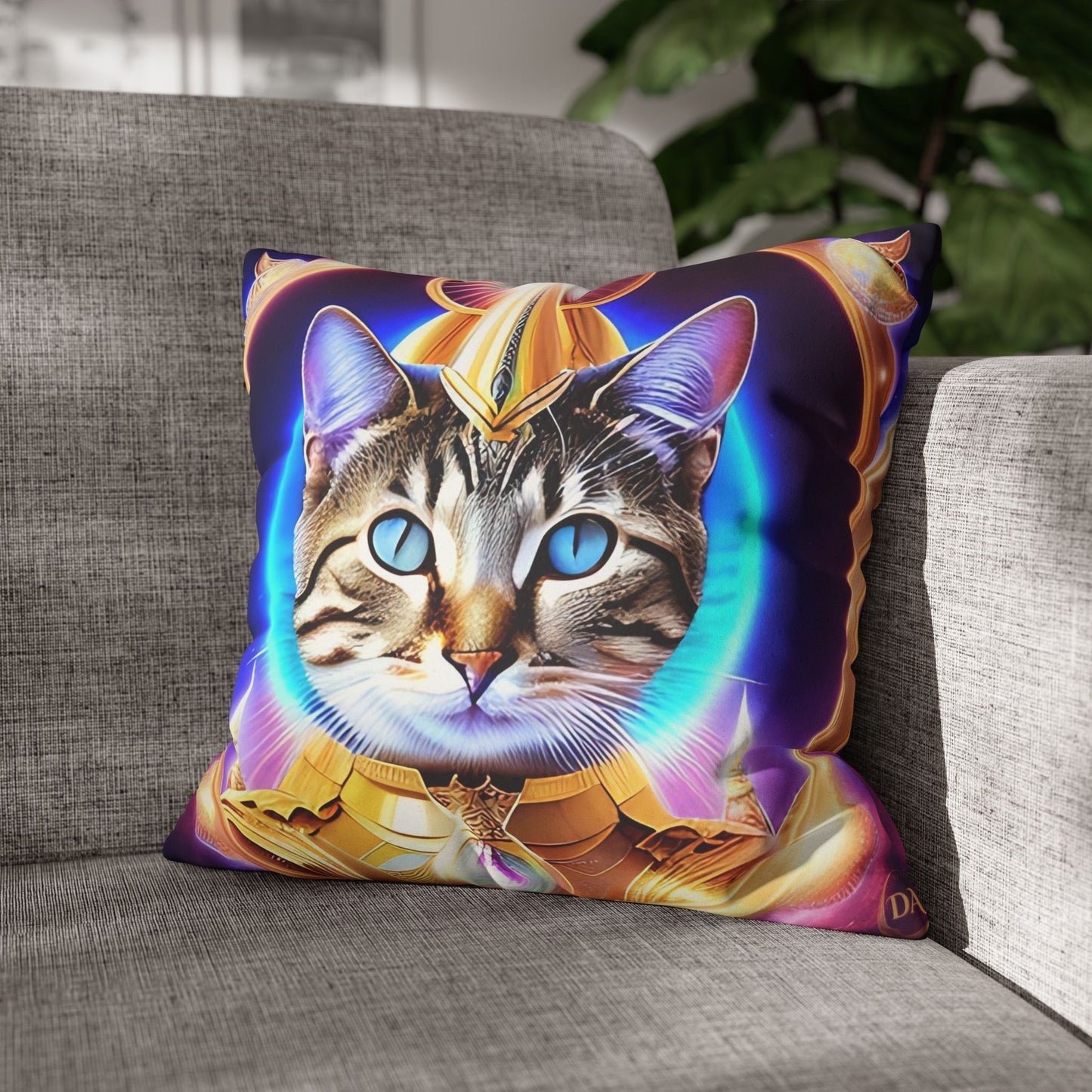 Divine Arts Faux Suede Double-Sided Square Pillow Case - Fantasy Galaxy Space Cat Lover Female Brown Gray Tabby Cat with Blue Eyes in Ornate Golden Armor with Light Blue Maharaic Shied Aura as Realized Merkaba Master Pillow Cover in Four Sizes