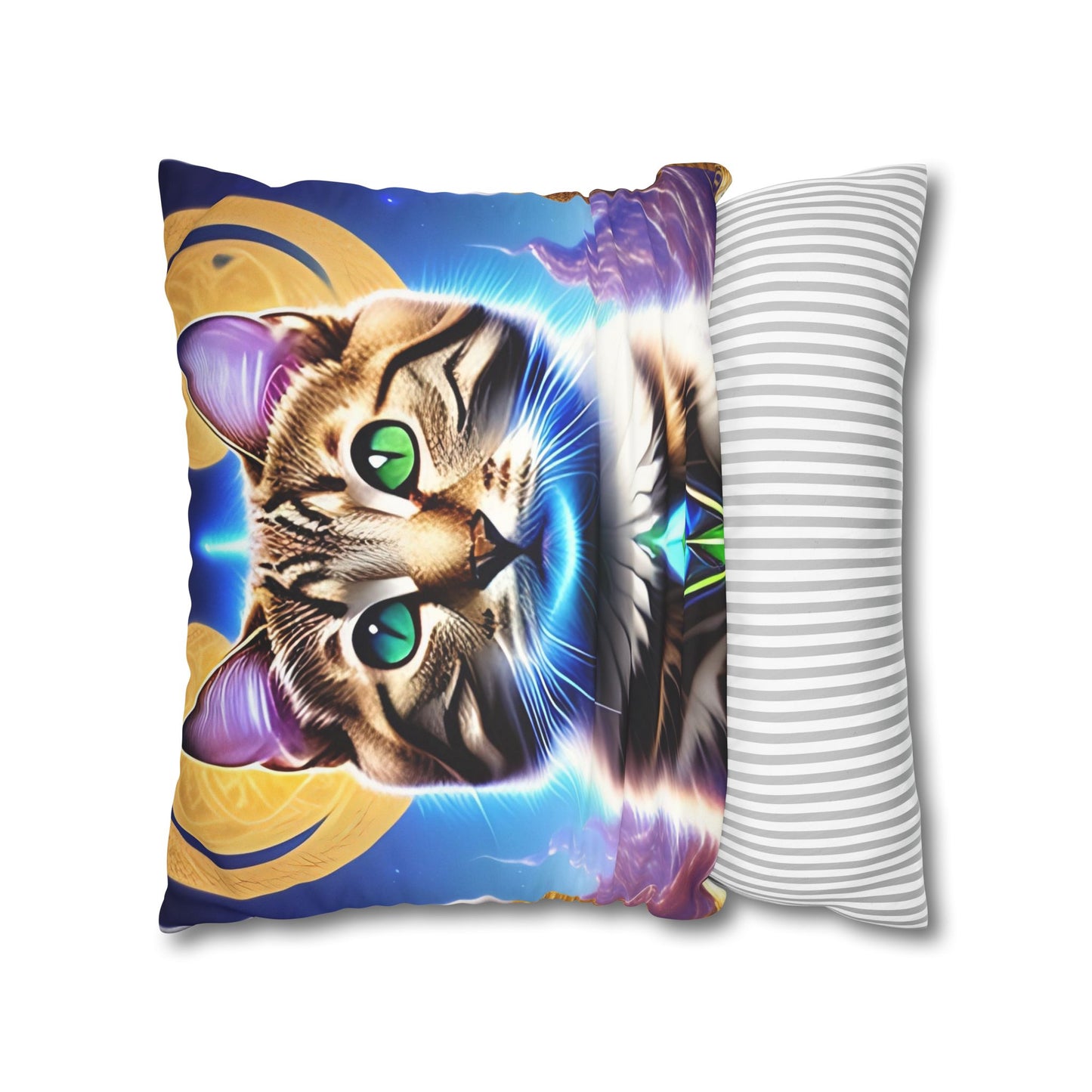 Divine Arts Faux Suede Double-Sided Square Pillow Case in Four Sizes - Fantasy Galaxy Space Cat Lover Male Brown Tabby Cat with Green Eyes Green Merkaba & Golden Aura Plates in Moutains