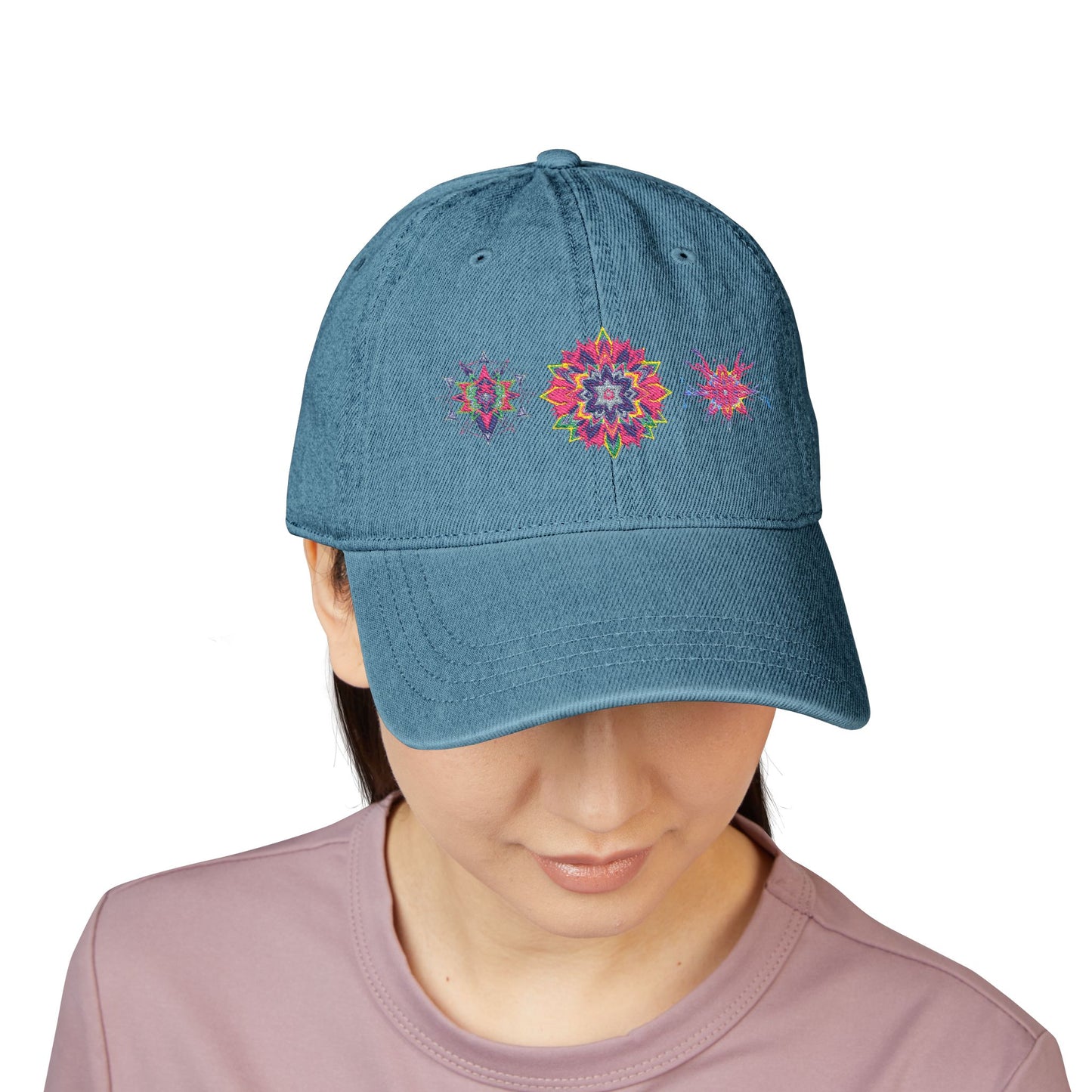 Denim Cap (Embroidery), 100% Cotton, Three Unique Embroidery Merkabas, Neon Galaxy Starry Light, Lotus Jewel Design by Divine Arts