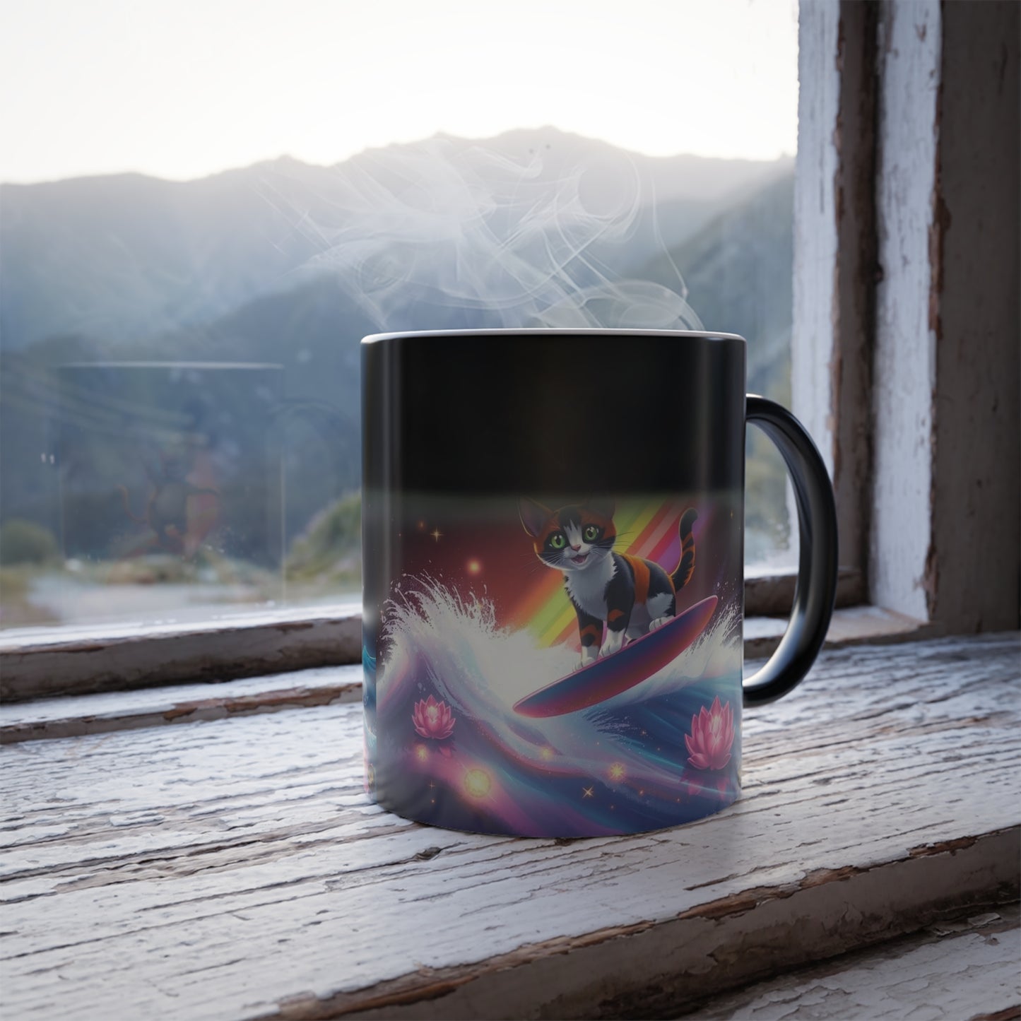 Color-Changing Galaxy Cats Mug — Cosmic Grey and Calico Cats & Lotus Rainbow Sacred Geometry Merkaba Magic 11oz by Divine Arts