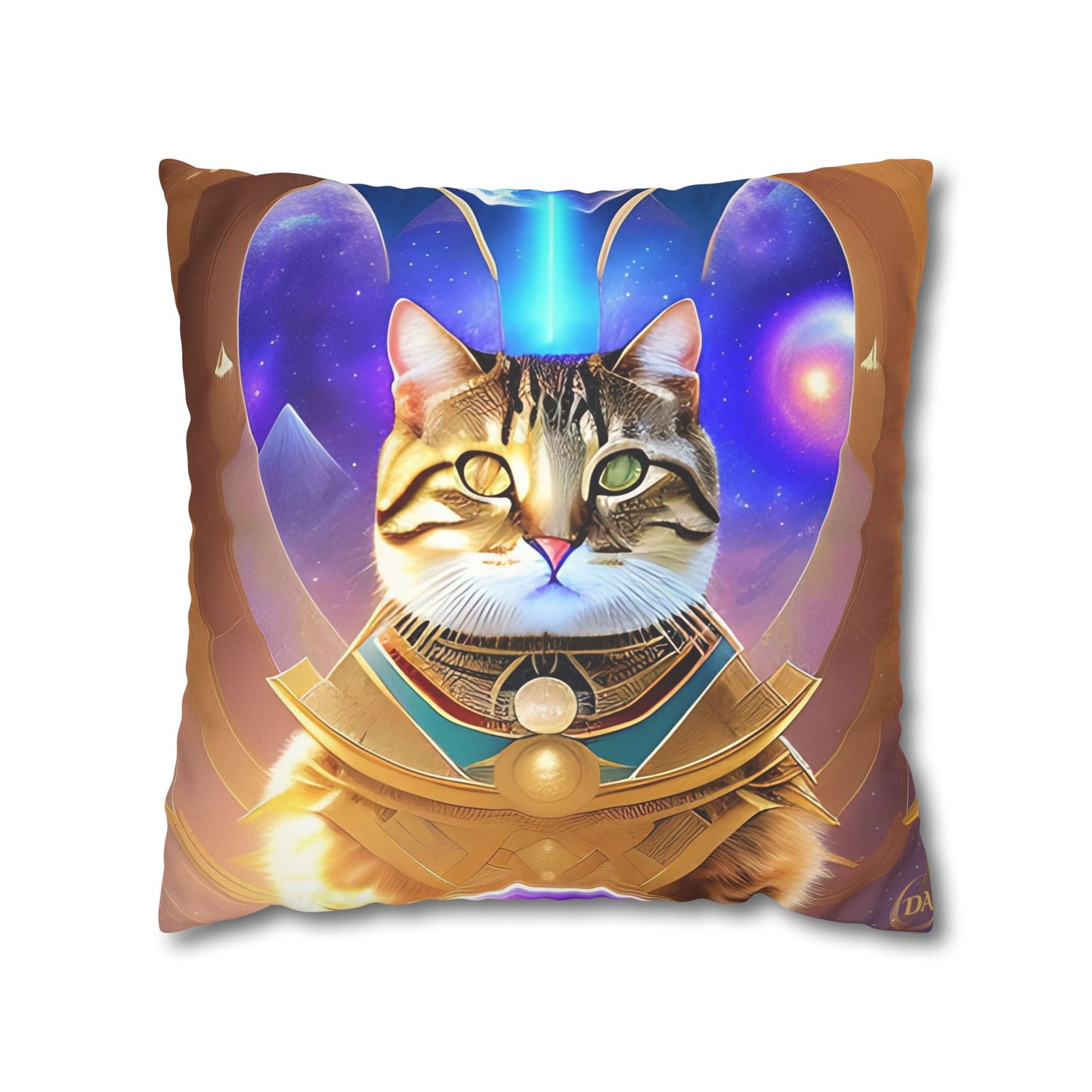 Divine Arts Faux Suede Double-Sided Square Pillow Case in Four Sizes - Fantasy Galaxy Space Cat Lover Male Brown Tabby Cat with Heterochromia in Ornate Golden Armor with Light Blue Hydroplasma Light Beam from Crown Chakra Merkaba Pillow Cover