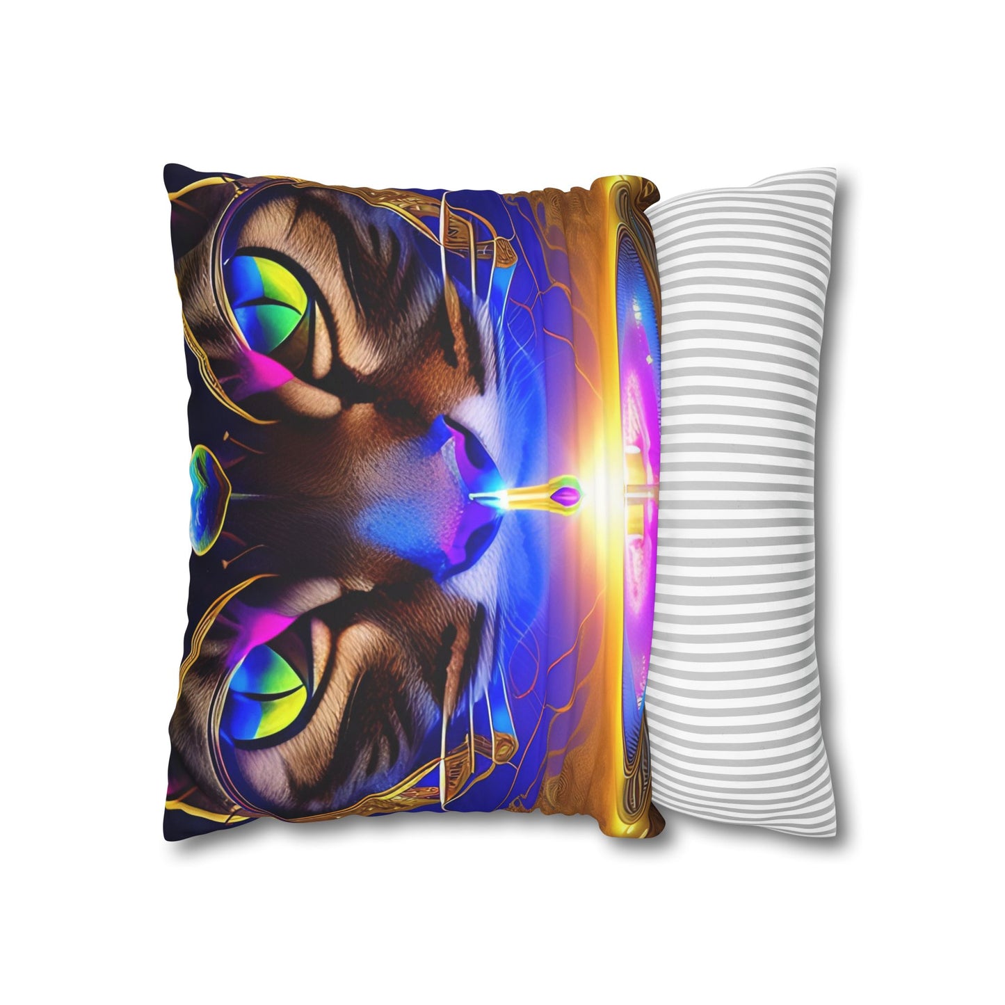 Divine Arts Faux Suede Double-Sided Art Square Pillow Case in Four Sizes - Fantasy Galaxy Space Cat Lover Male Brown Tabby Cat with Ornate Golden Face Armor and Magenta Crystal Wielding the Merkaba Pillow Cover