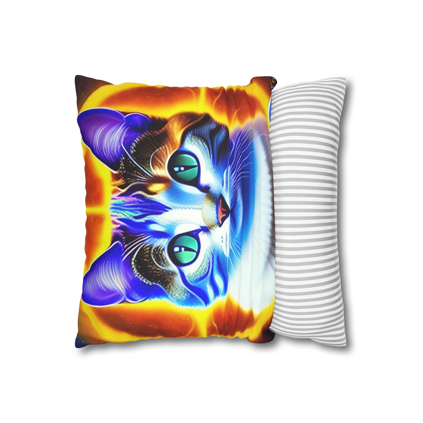 Divine Arts Faux Suede Double-Sided Square Pillow Case - Fantasy Galaxy Space Cat Lover Large Close Up View of the Face of a Female Brown Tabby Cat with Green Eyes With a Pulsing Yellow Orange Aura From Weilding the Merkaba Pillow Cover in Four Sizes