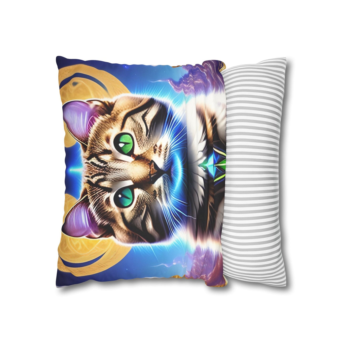 Divine Arts Faux Suede Double-Sided Square Pillow Case in Four Sizes - Fantasy Galaxy Space Cat Lover Male Brown Tabby Cat with Green Eyes Green Merkaba & Golden Aura Plates in Moutains