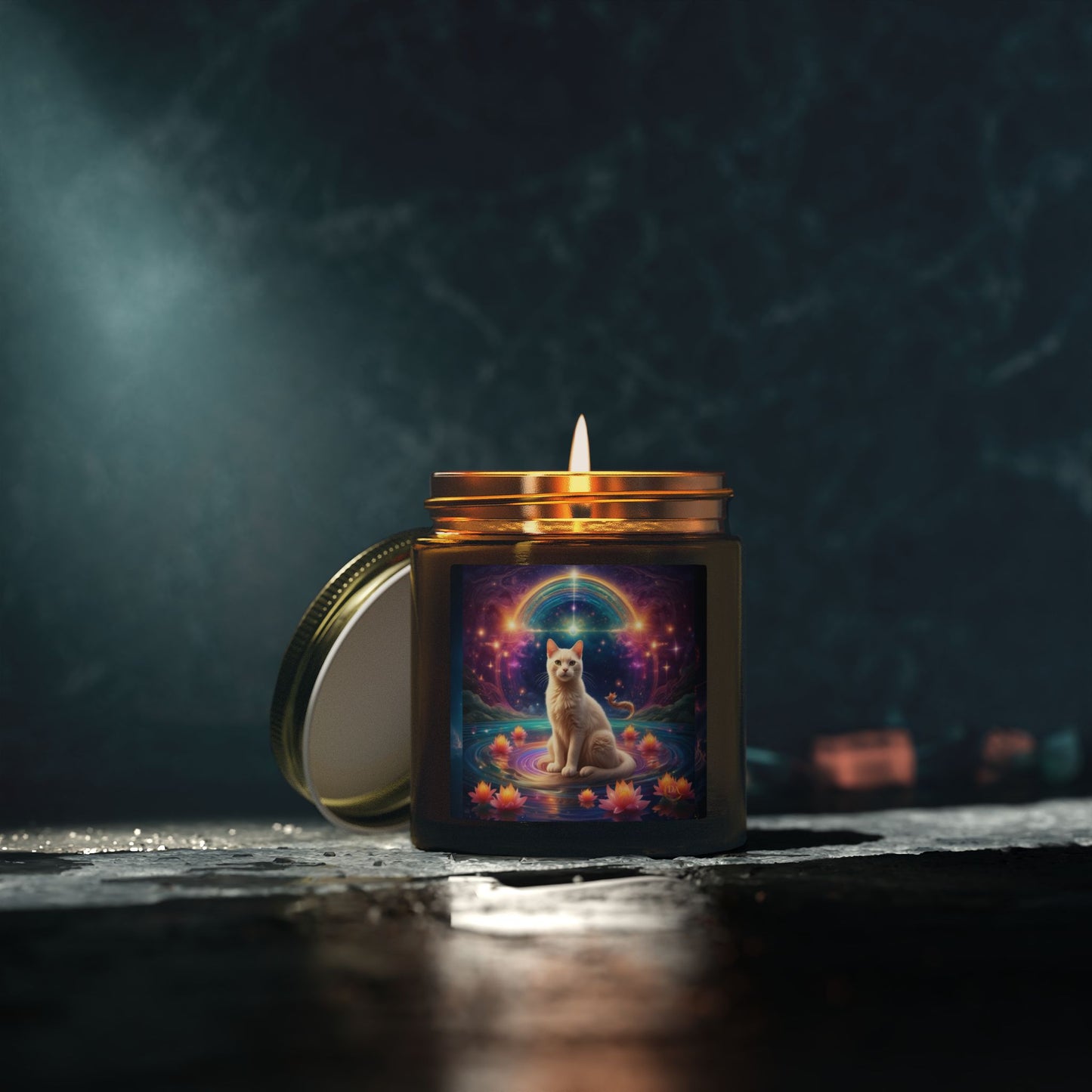 Premium Coconut Apricot Wax Scented Candles, Various Floral & Spice Fragrances (4oz), Spiritual Christmas Holiday Cat Lover Pet Gift, White Brown Cat in Sparkling Rainbow Lotus Field Pool, Fantasy Galaxy Space Cat Art , by Divine Arts