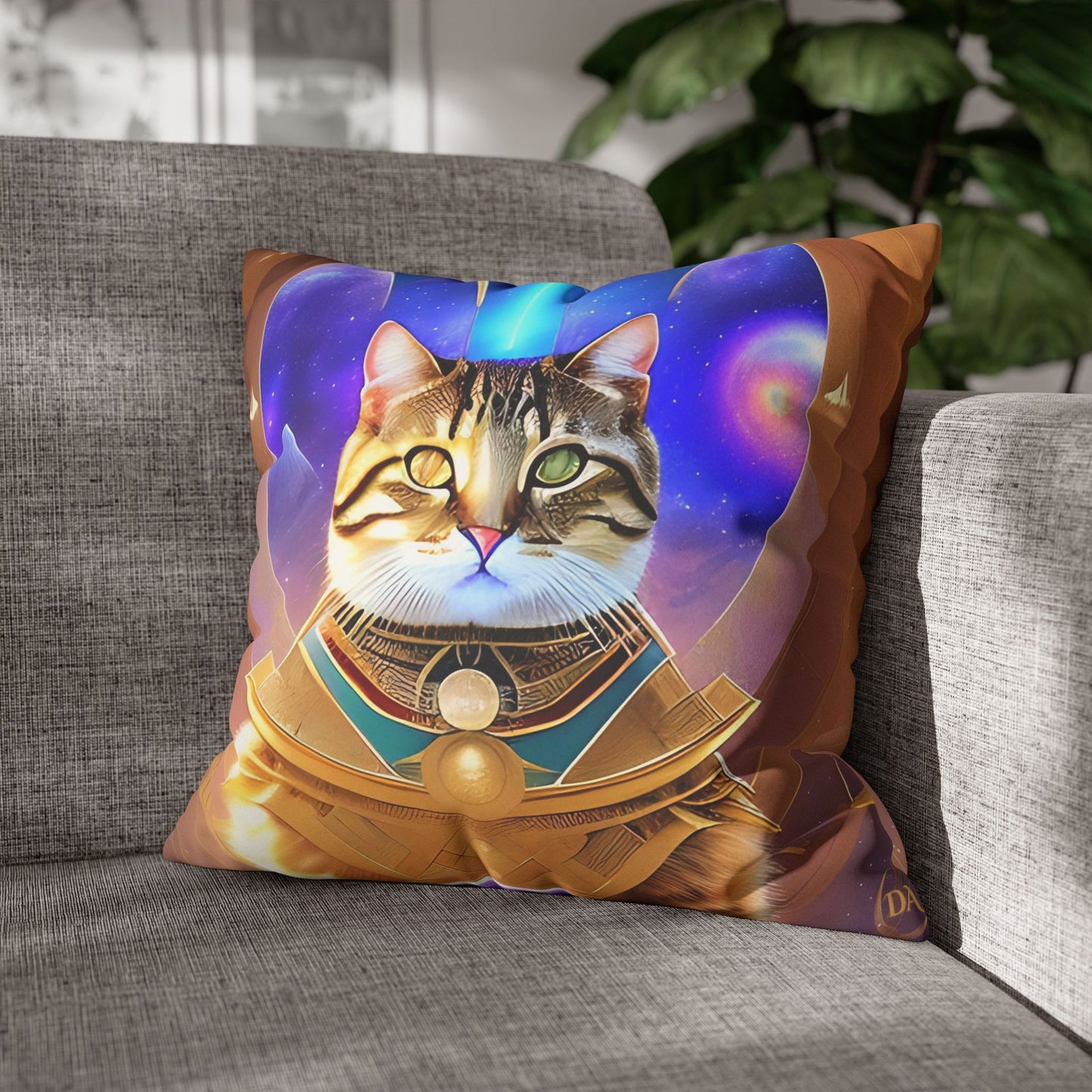 Divine Arts Faux Suede Double-Sided Square Pillow Case in Four Sizes - Fantasy Galaxy Space Cat Lover Male Brown Tabby Cat with Heterochromia in Ornate Golden Armor with Light Blue Hydroplasma Light Beam from Crown Chakra Merkaba Pillow Cover