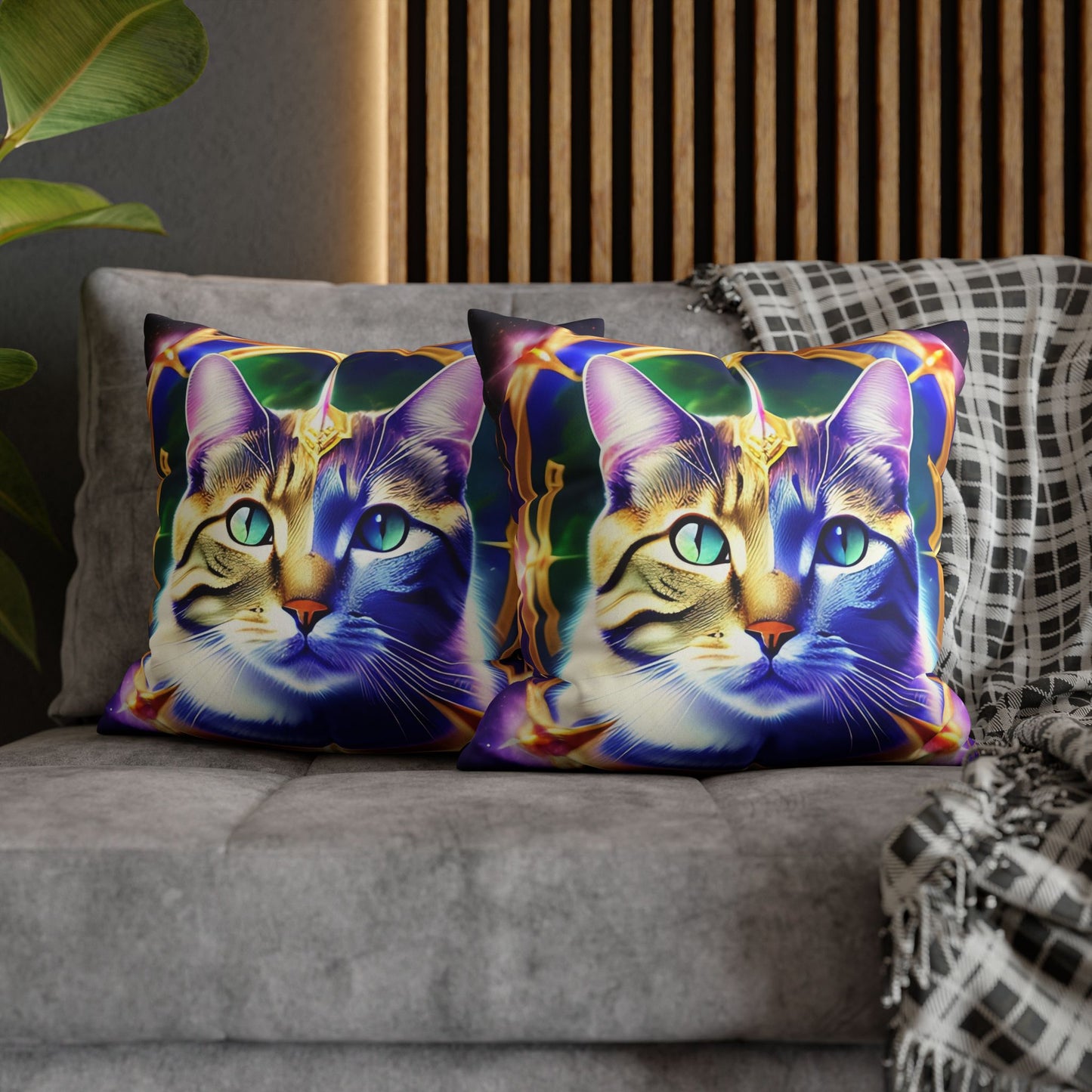 Divine Arts Faux Suede Double-Sided Square Pillow Case - Fantasy Galaxy Space Cat Lover Male Gray & Brown Tabby Cat with Green Eyes with Blue, Green & Orange Aura and Ornate Light Blue and Purple Crystal Collar Merkaba Pillow Cover in Four Sizes