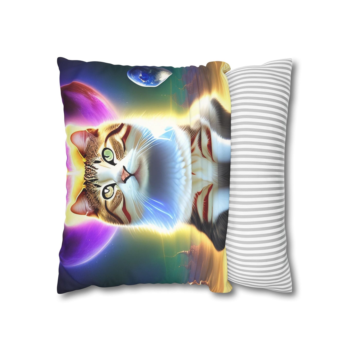 Divine Arts Faux Suede Double-Sided Square Pillow Case - Fantasy Galaxy Space Cat Lover Female Brown and White Tabby Cat with Heterochromia and a Bright Yellow & Purple Aura Spiritual Pillow Cover in Four Sizes