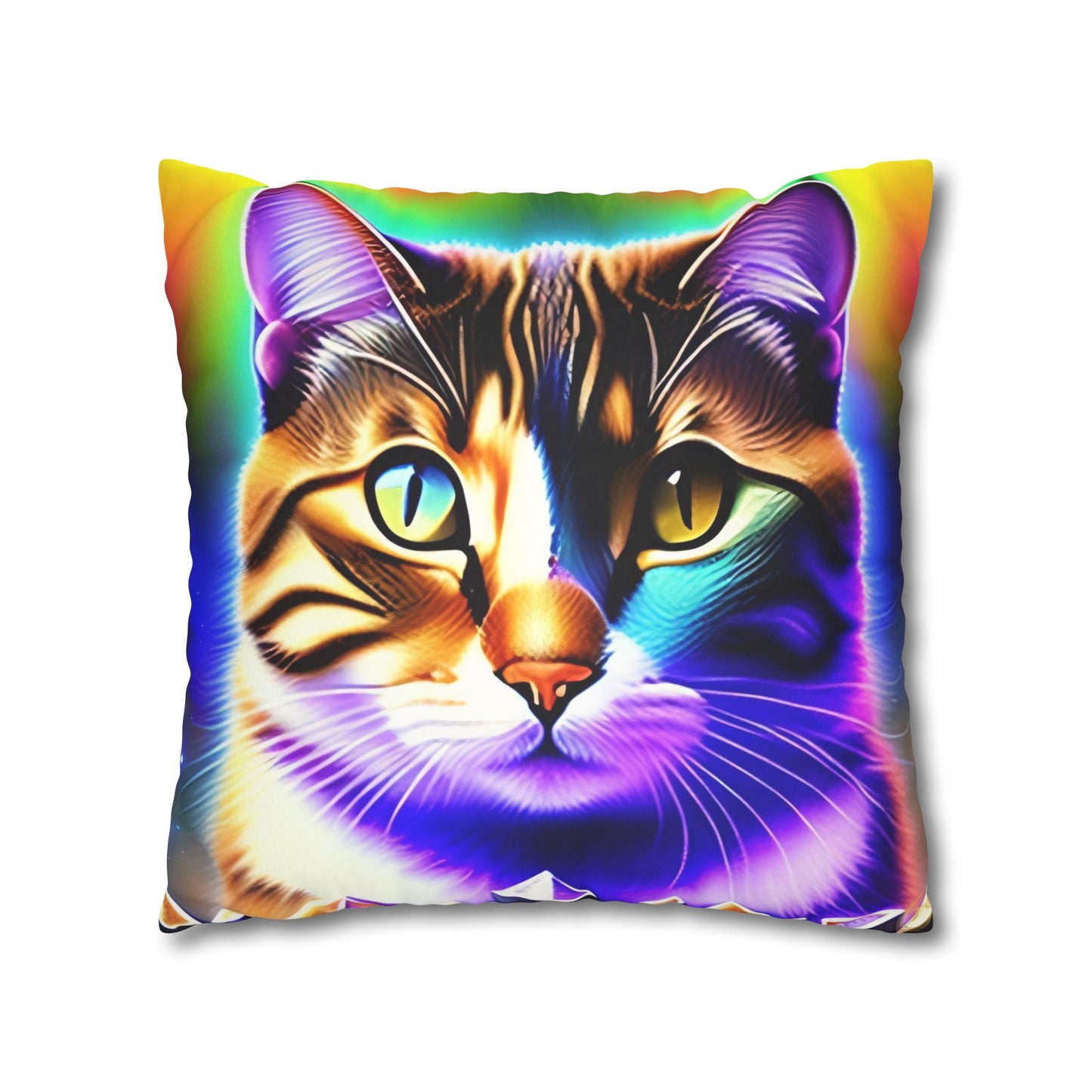 Divine Arts Faux Suede Double-Sided Square Pillow Case - Fantasy Galaxy Space Cat Lover Brown Tabby Cat with Heterochromia Meditating in Rainbow Trance Colors Pillow Cover in Four Sizes