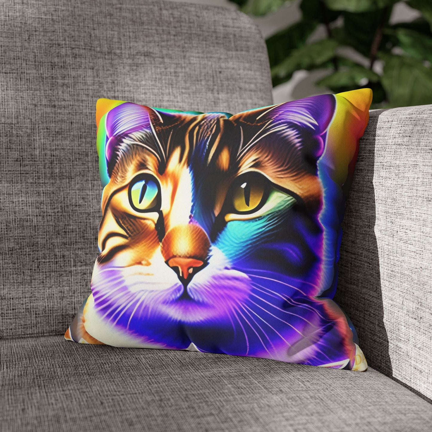 Divine Arts Faux Suede Double-Sided Square Pillow Case - Fantasy Galaxy Space Cat Lover Brown Tabby Cat with Heterochromia Meditating in Rainbow Trance Colors Pillow Cover in Four Sizes