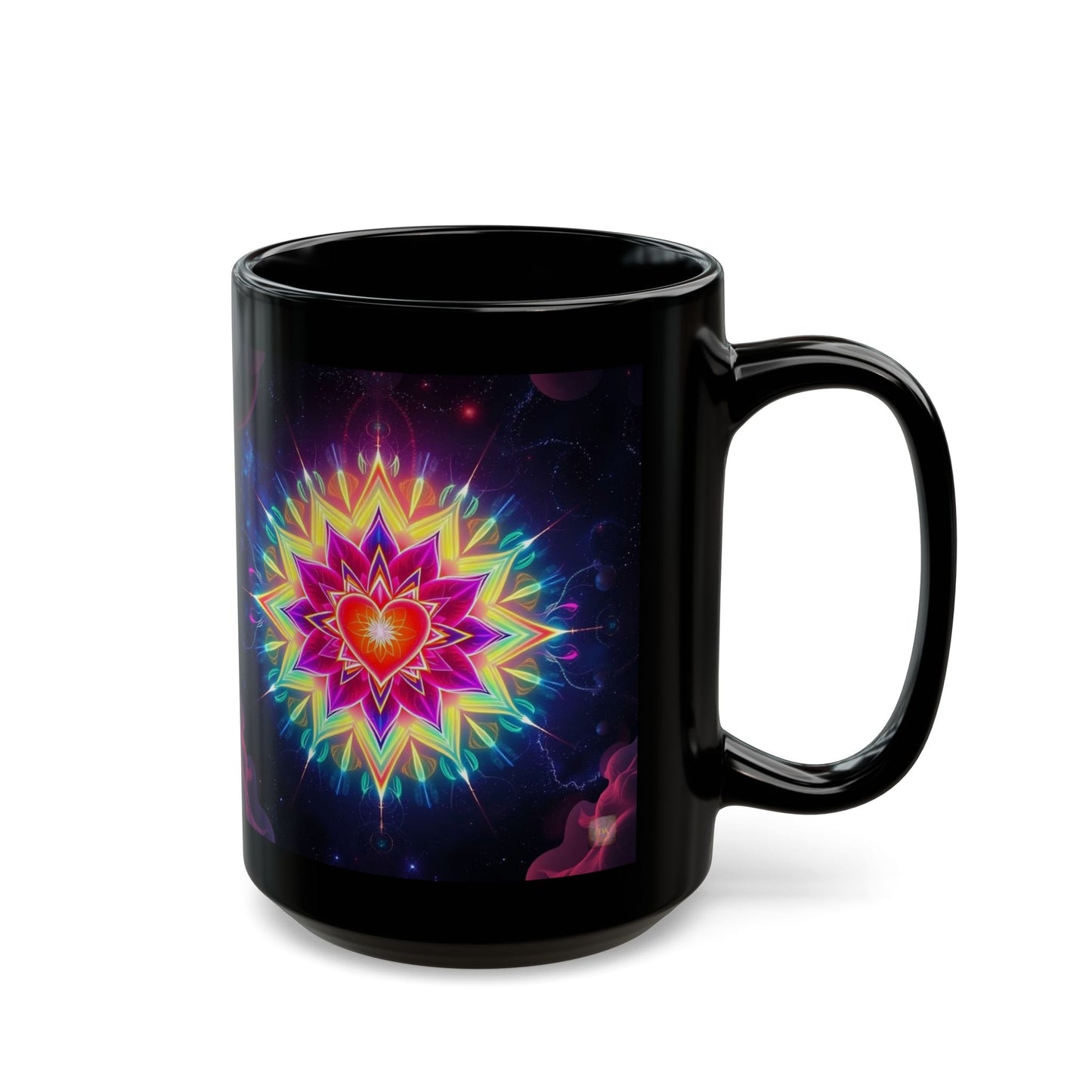 Black Ceramic Mug 15 oz— Vibrant Sacred Heart Sacred Geometry Light Body Merkaba Coffee Cup by Divine Arts