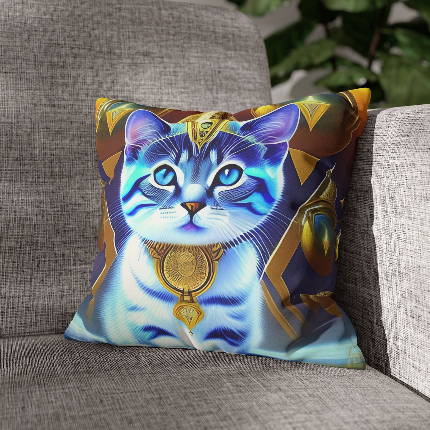 Divine Arts Faux Suede Double-Sided Square Pillow Case in Four Sizes - Fantasy Galaxy Space Cat Lover Male Gray and White Tabby Kitten with Blue Eyes in Golden Merkaba Chamber Wielding the Merkaba