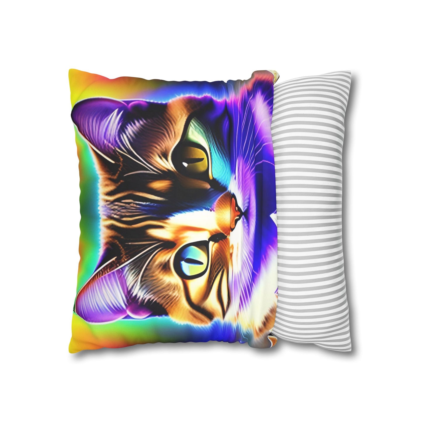 Divine Arts Faux Suede Double-Sided Square Pillow Case - Fantasy Galaxy Space Cat Lover Brown Tabby Cat with Heterochromia Meditating in Rainbow Trance Colors Pillow Cover in Four Sizes