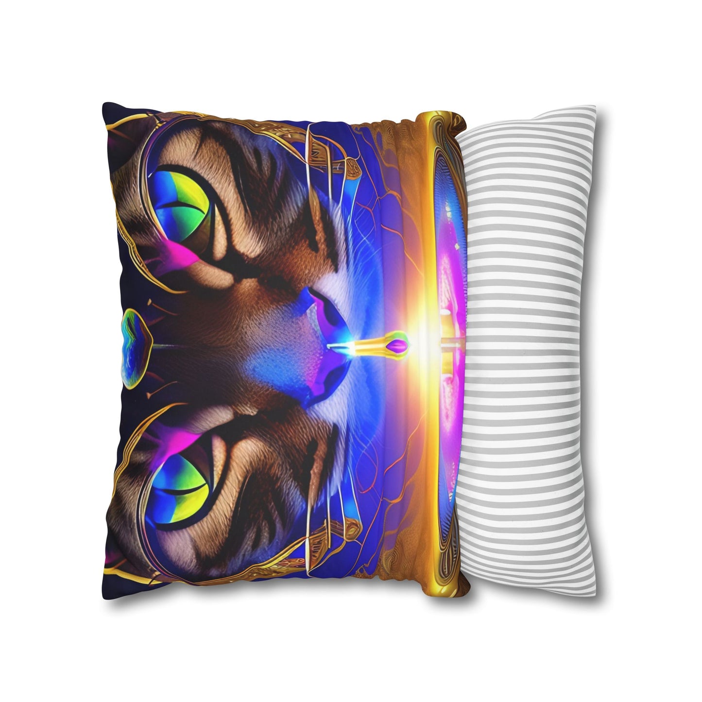 Divine Arts Faux Suede Double-Sided Art Square Pillow Case in Four Sizes - Fantasy Galaxy Space Cat Lover Male Brown Tabby Cat with Ornate Golden Face Armor and Magenta Crystal Wielding the Merkaba Pillow Cover