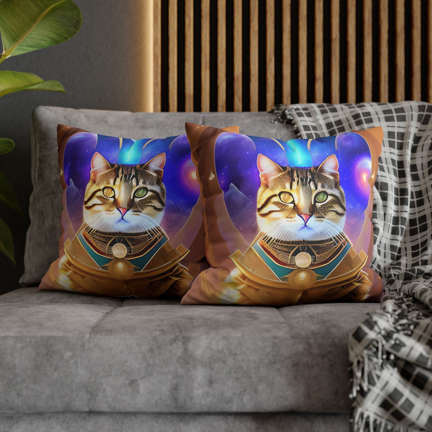 Divine Arts Faux Suede Double-Sided Square Pillow Case in Four Sizes - Fantasy Galaxy Space Cat Lover Male Brown Tabby Cat with Heterochromia in Ornate Golden Armor with Light Blue Hydroplasma Light Beam from Crown Chakra Merkaba Pillow Cover