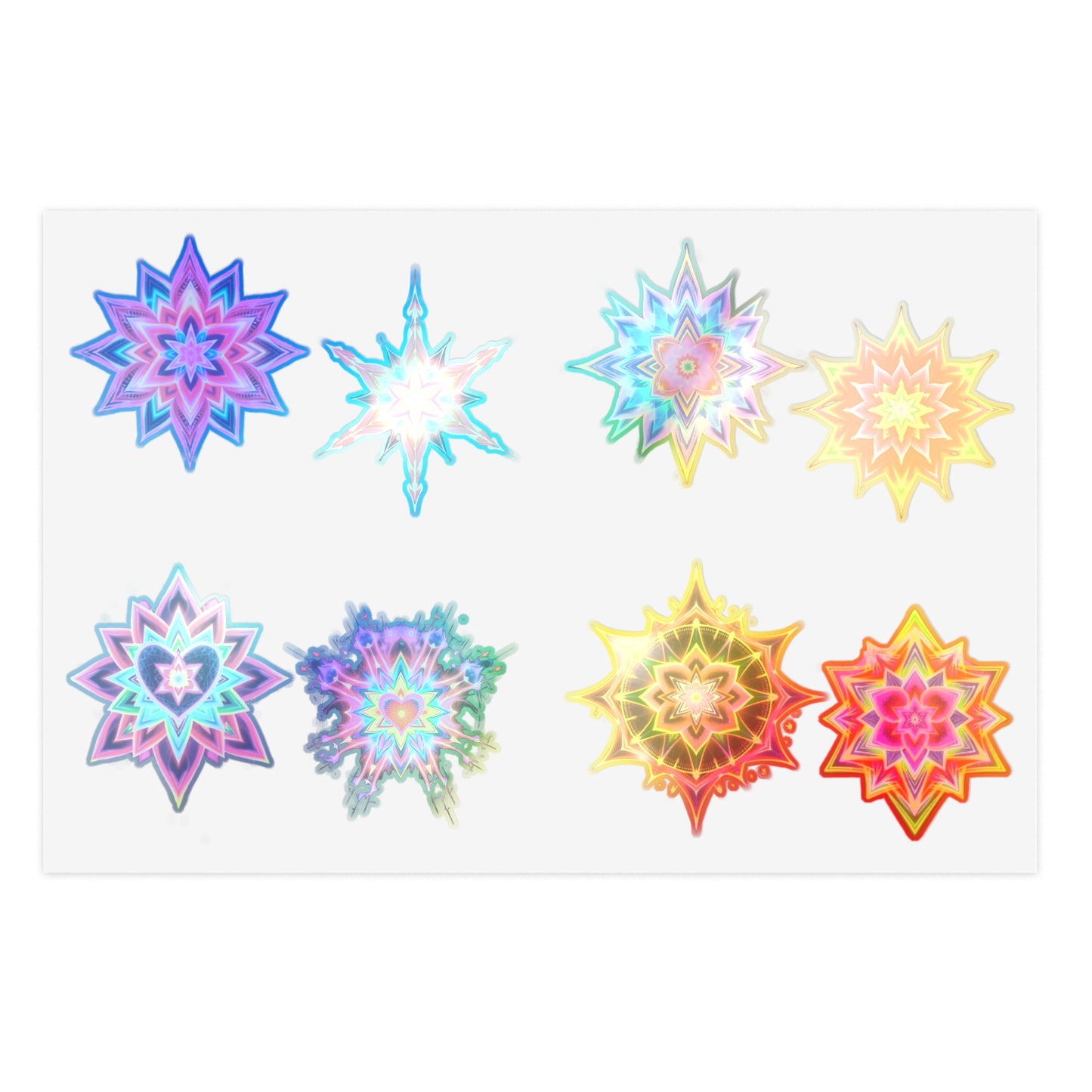 Kaleidoscope Starburst Vinyl Sticker Sheet (6x4) — Colorful Galaxy Art, White Transparent Holographic Die Cut Merkaba Decals by Divine Arts