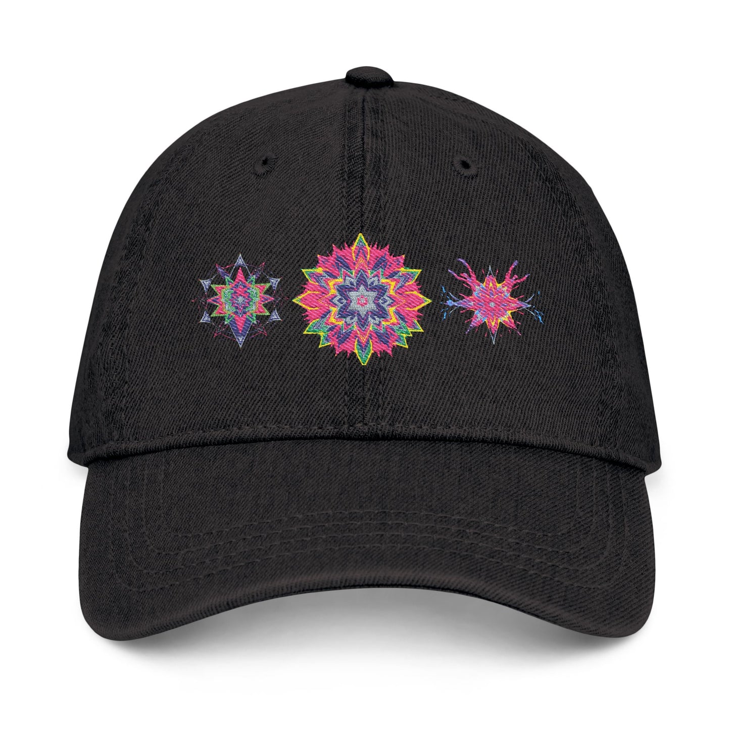 Denim Cap (Embroidery), 100% Cotton, Three Unique Embroidery Merkabas, Neon Galaxy Starry Light, Lotus Jewel Design by Divine Arts