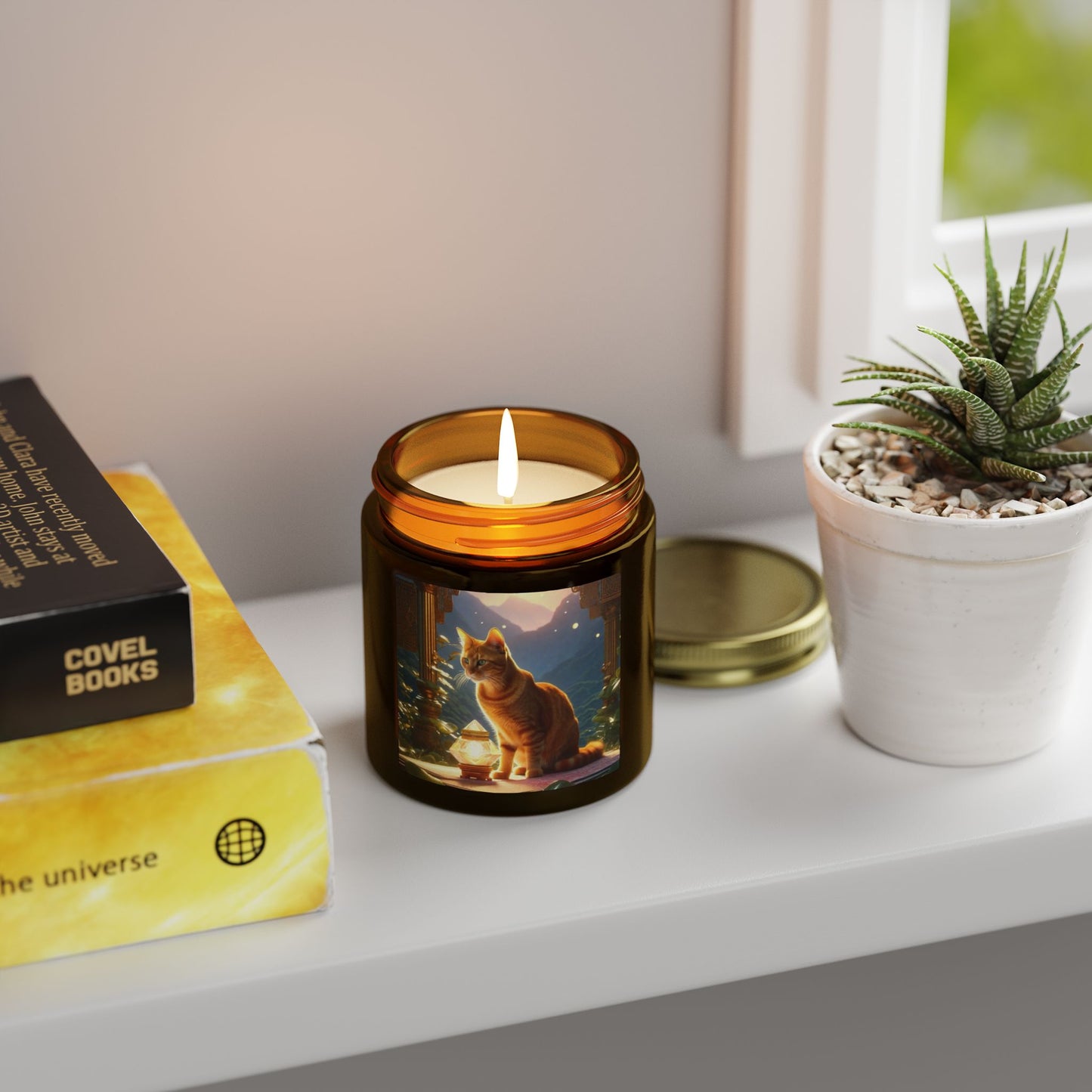 Premium Coconut Apricot Wax Scented Candles, Various Floral & Spice Fragrances (4oz), Spiritual Christmas Holiday Cat Lover Pet Gift, Ginger Tabby Cat Buddhist Diamond Sutra Temple Art, by Divine Arts