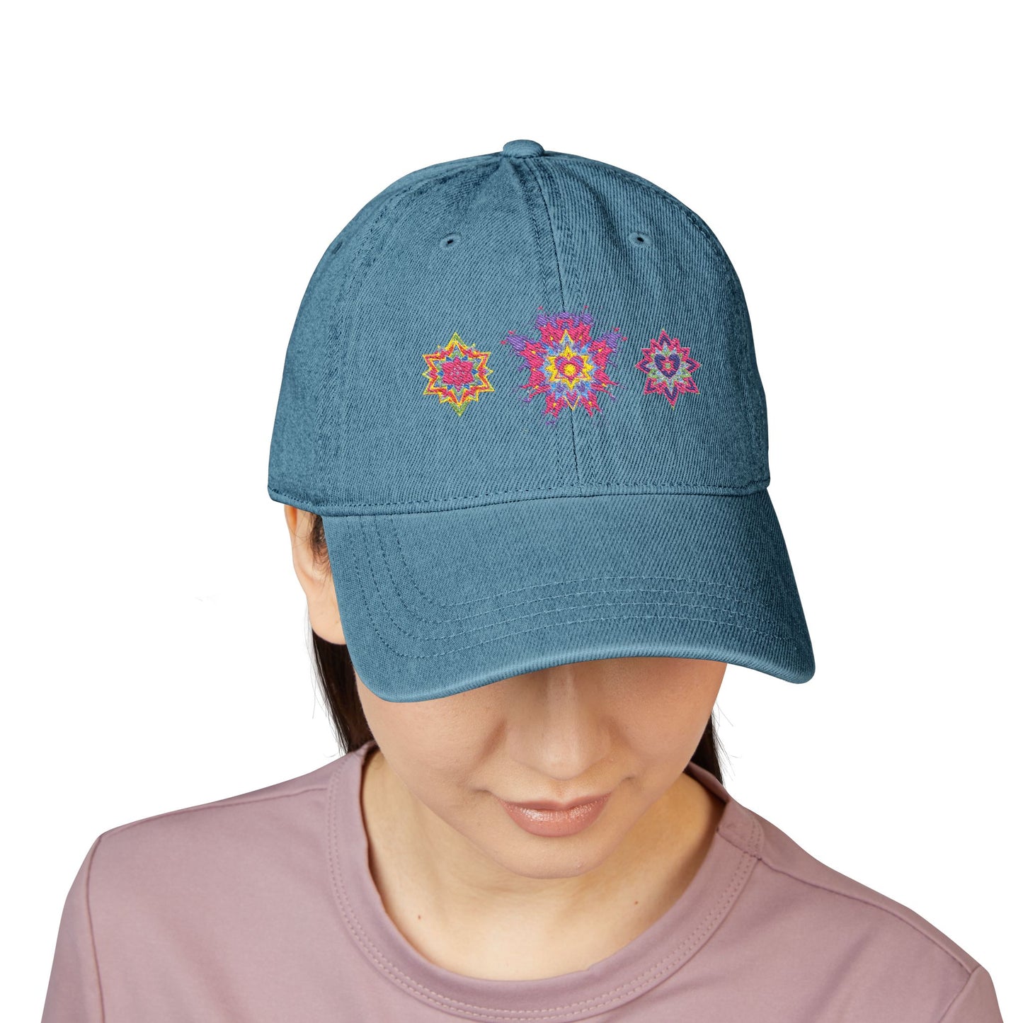 Denim Cap (Embroidery), 100% Cotton, Three Unique Embroidery Merkabas, Neon Galaxy Starry Light, Lotus Jewel Design by Divine Arts