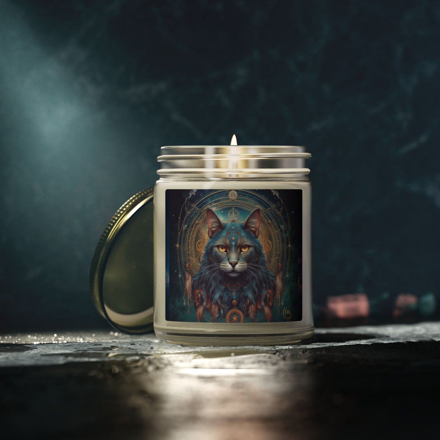 Premium Coconut Apricot Wax Scented Candles, Various Floral & Spice Fragrances (4oz), Spiritual Christmas Holiday Cat Lover Pet Gift, Gray Cat Galaxy Space Fantasy Tribal Art, by Divine Arts