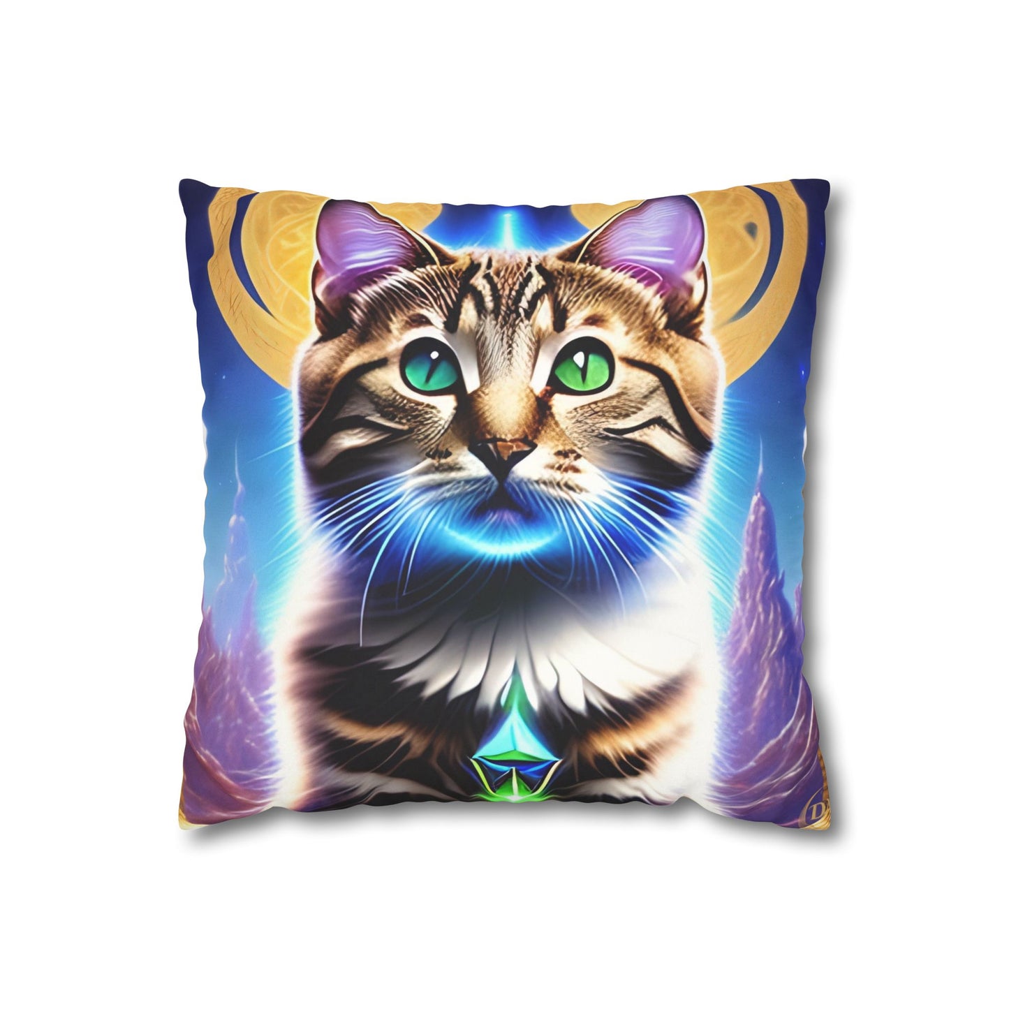 Divine Arts Faux Suede Double-Sided Square Pillow Case in Four Sizes - Fantasy Galaxy Space Cat Lover Male Brown Tabby Cat with Green Eyes Green Merkaba & Golden Aura Plates in Moutains