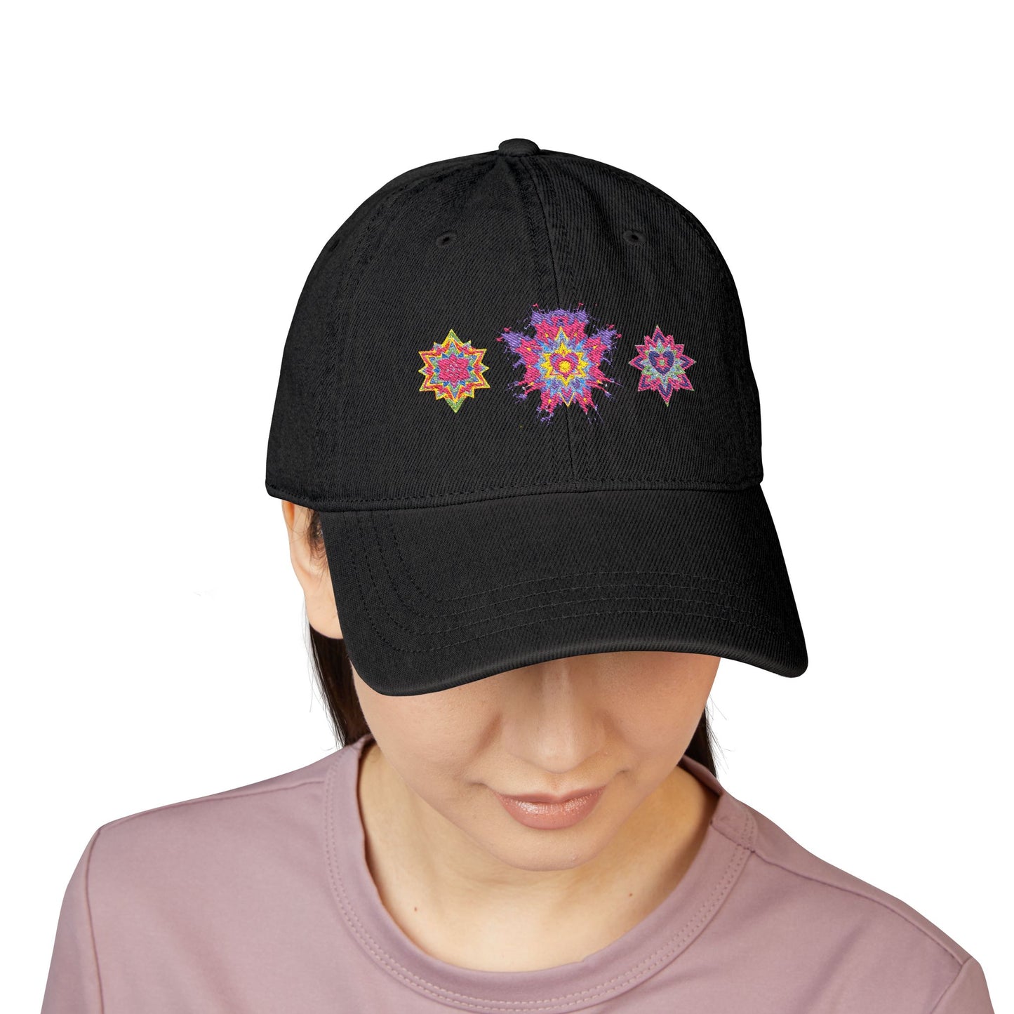 Denim Cap (Embroidery), 100% Cotton, Three Unique Embroidery Merkabas, Neon Galaxy Starry Light, Lotus Jewel Design by Divine Arts
