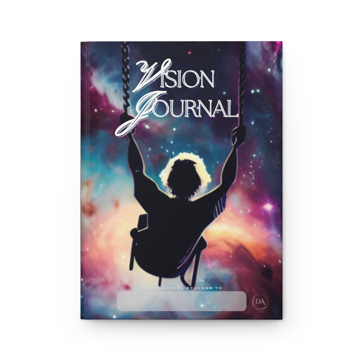Divine Arts Hardcover Matte Laminate Coating  Ruled Line Wraparound Art Inspirational Vision Journa Notebook Stationery - Playful Fantasy Galaxy Space Art Young Man on Space Swing Amidst Colorful Universe of Nebulas and Stars