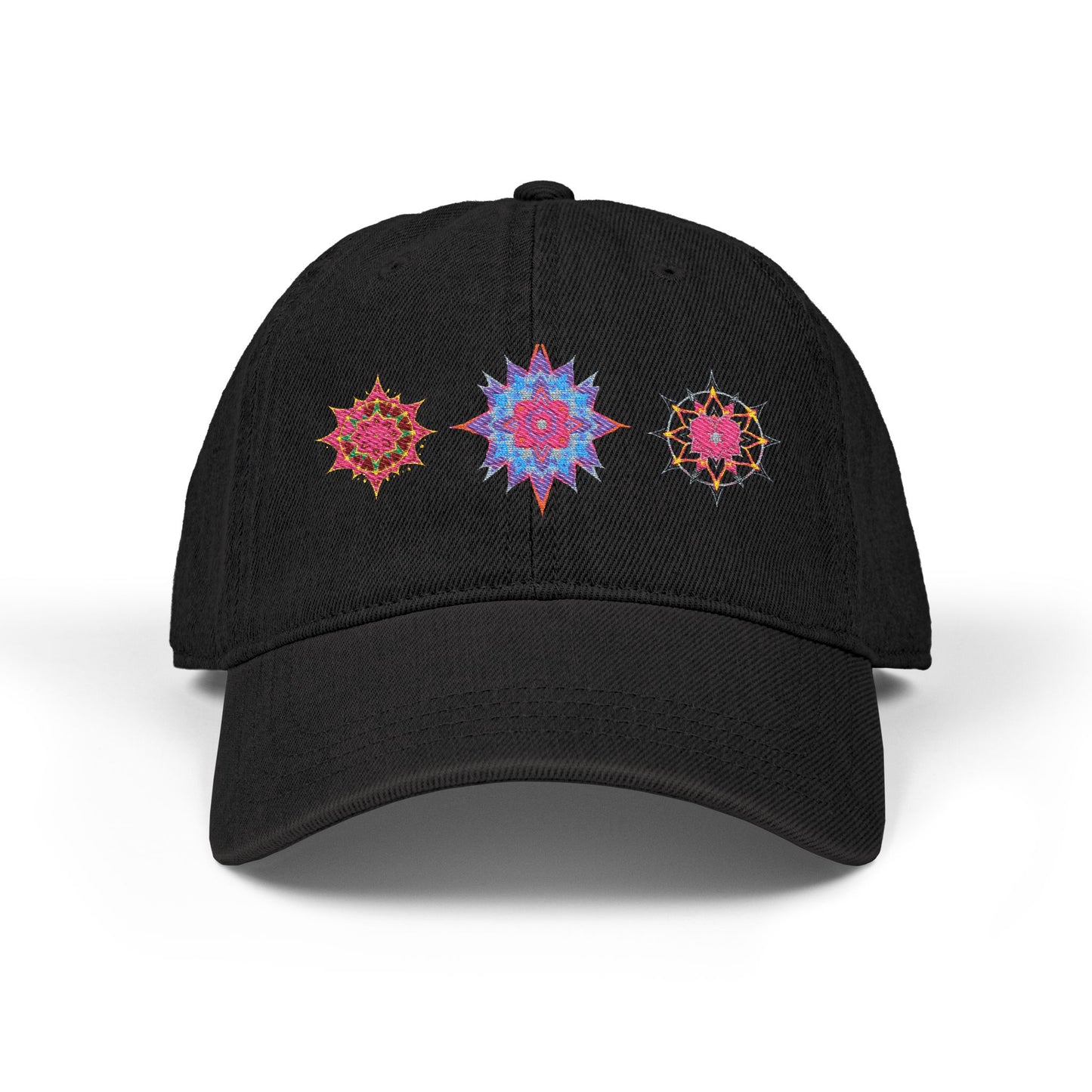 Denim Cap (Embroidery), 100% Cotton, Three Unique Embroidery Merkabas, Neon Galaxy Starry Light, Lotus Jewel Design by Divine Arts