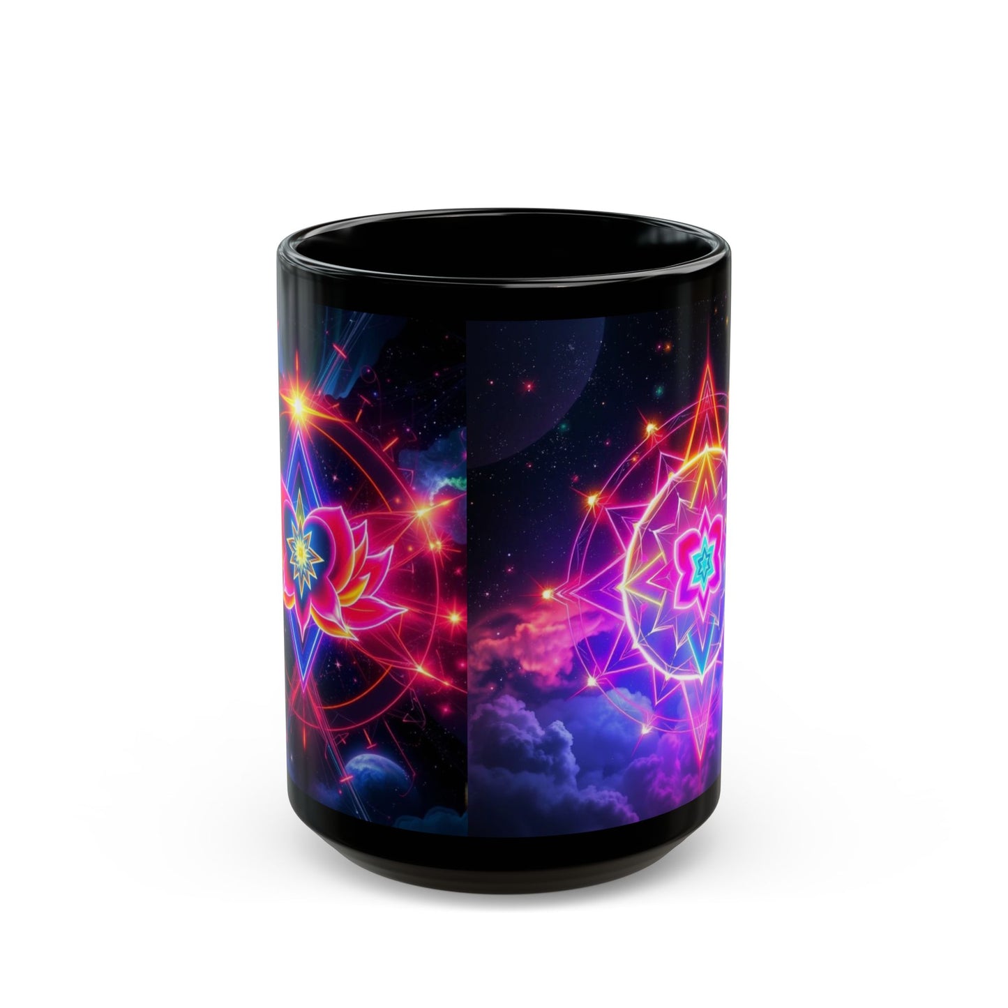 Black Ceramic Mug 15 oz — Vibrant Sacred Heart Sacred Geometry Light Body Merkaba Coffee Cup by Divine Arts