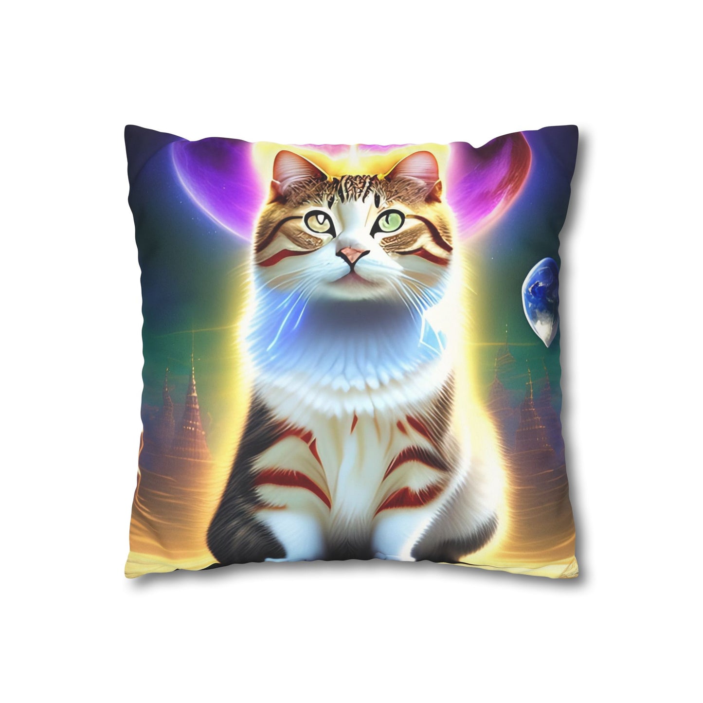 Divine Arts Faux Suede Double-Sided Square Pillow Case - Fantasy Galaxy Space Cat Lover Female Brown and White Tabby Cat with Heterochromia and a Bright Yellow & Purple Aura Spiritual Pillow Cover in Four Sizes