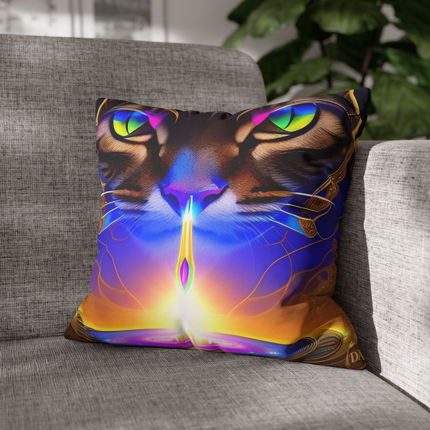 Divine Arts Faux Suede Double-Sided Art Square Pillow Case in Four Sizes - Fantasy Galaxy Space Cat Lover Male Brown Tabby Cat with Ornate Golden Face Armor and Magenta Crystal Wielding the Merkaba Pillow Cover