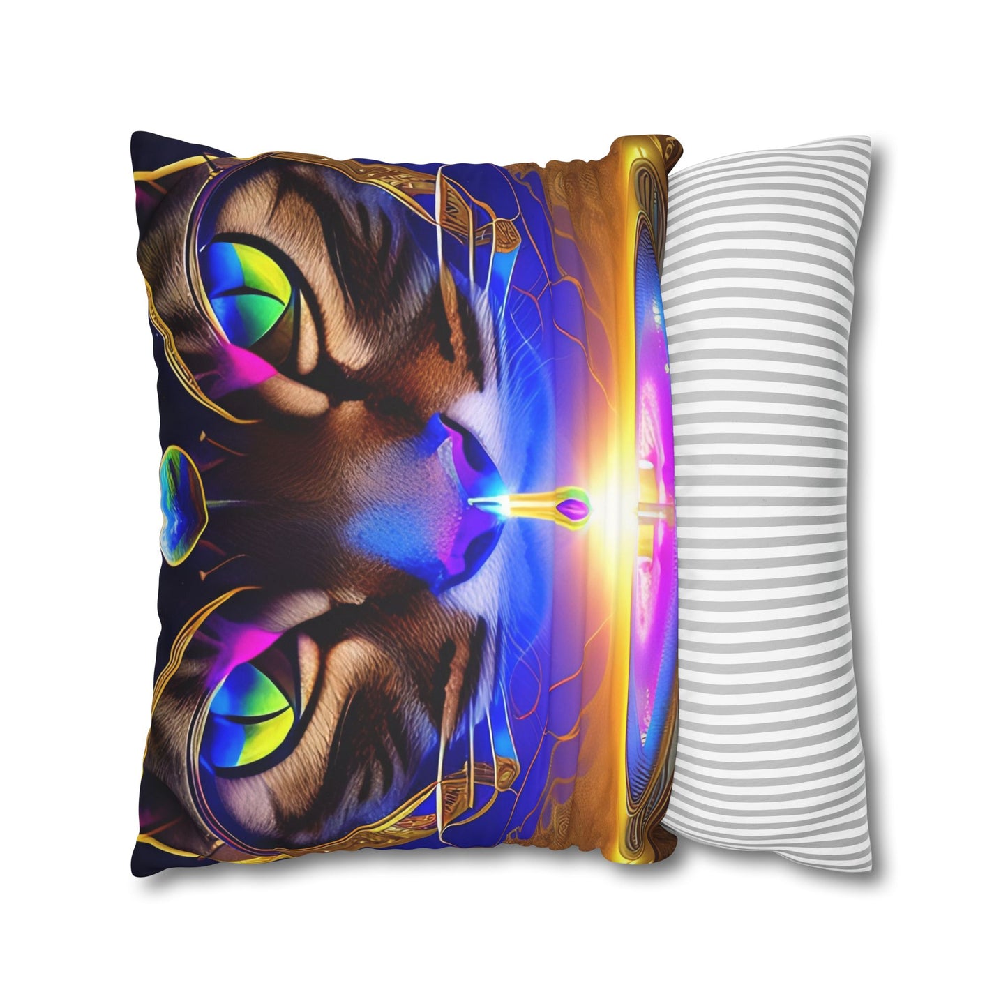 Divine Arts Faux Suede Double-Sided Art Square Pillow Case in Four Sizes - Fantasy Galaxy Space Cat Lover Male Brown Tabby Cat with Ornate Golden Face Armor and Magenta Crystal Wielding the Merkaba Pillow Cover