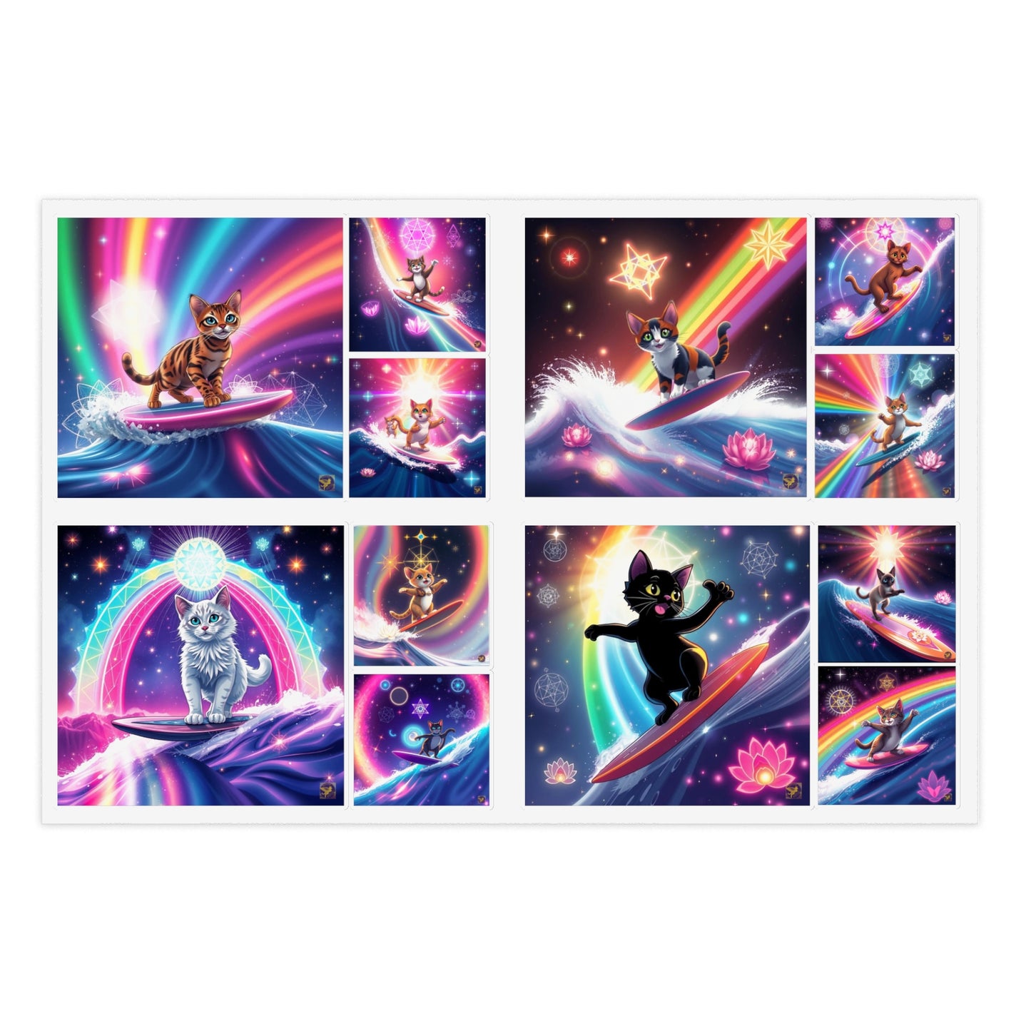 Cosmic Surfing Cat Sticker Sheets (6" x 4") — Rainbow Lotus Light Sacred Geomtry Galaxy Cat Decals by Divine Arts