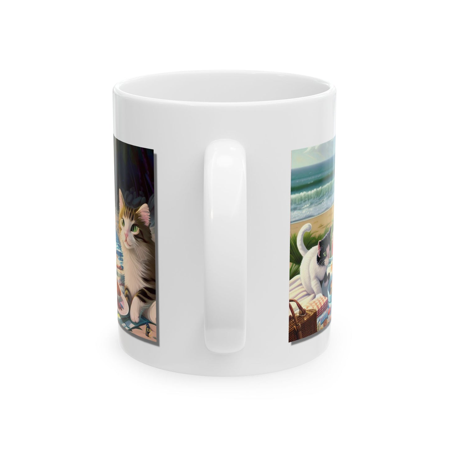 Ceramic Cat Lover Pet Mug 11oz- Cats Picnic on Beach, Cat Collage, Pet Gift, Cat Lover Gift, Gift for Him or Her, Christmas Gift, Art by Divine Arts LLC
